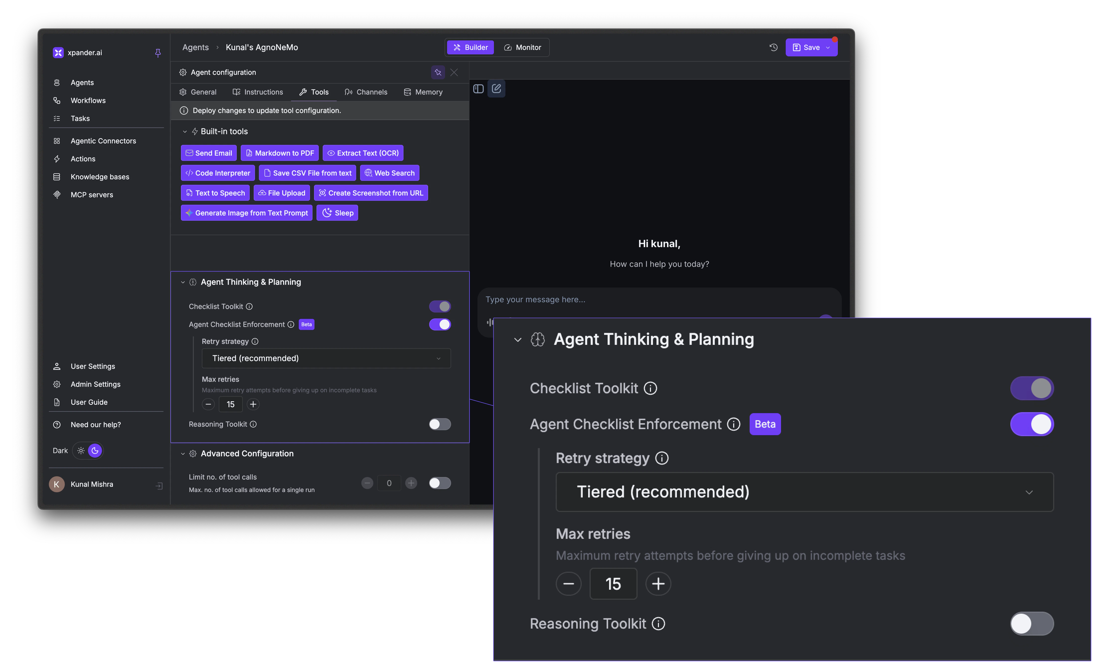 Agent Thinking & Planning section showing Checklist Toolkit and Reasoning Toolkit toggles