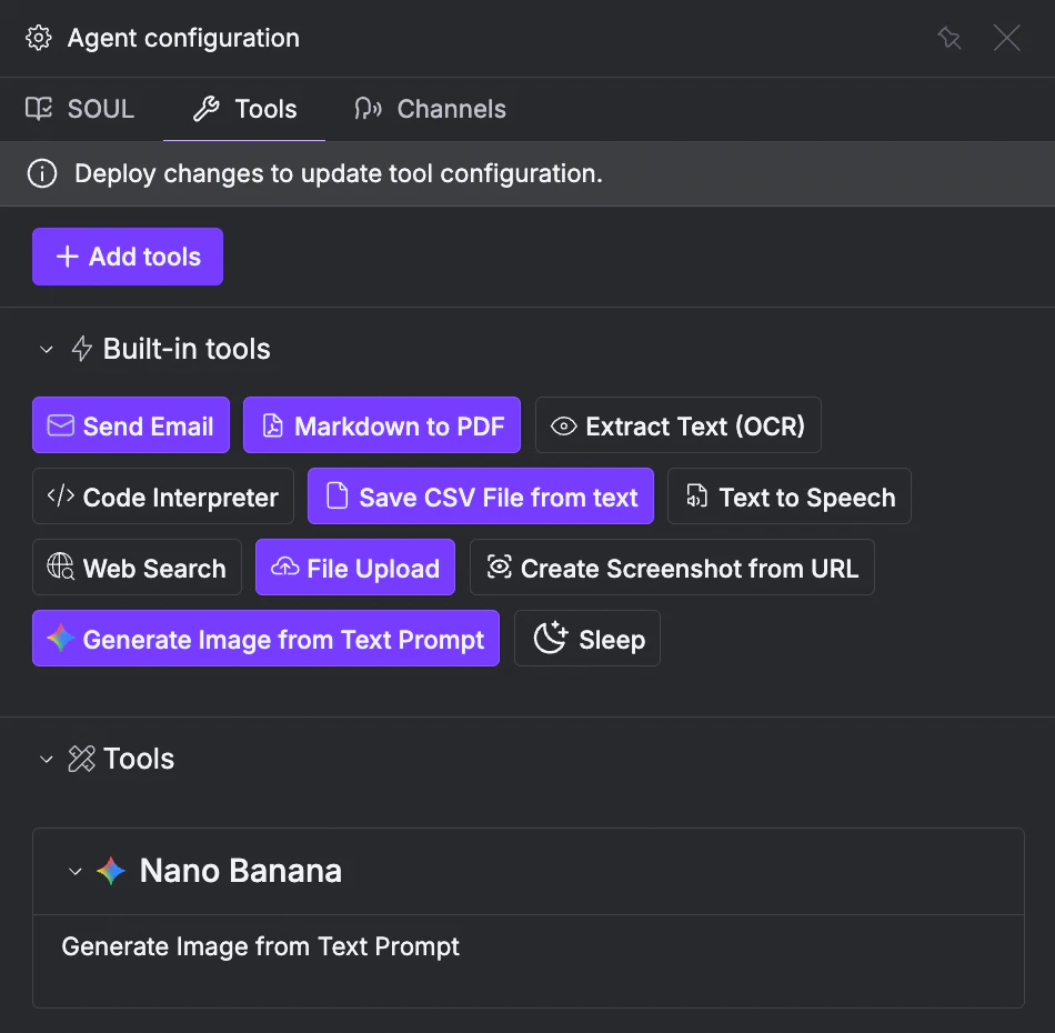 Tools tab showing built-in tools and connector options