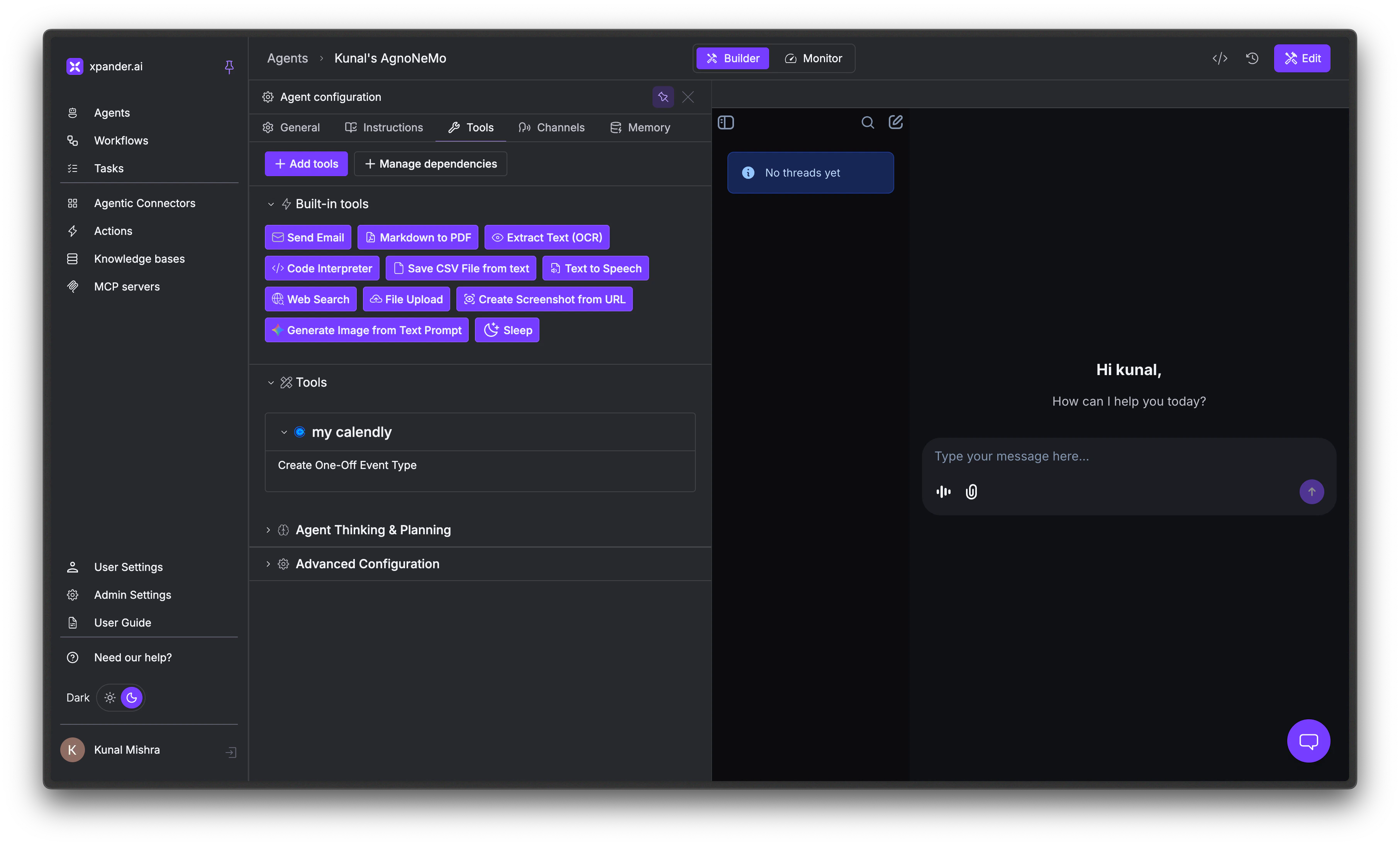 Agent Tools tab showing built-in tools and Tools section