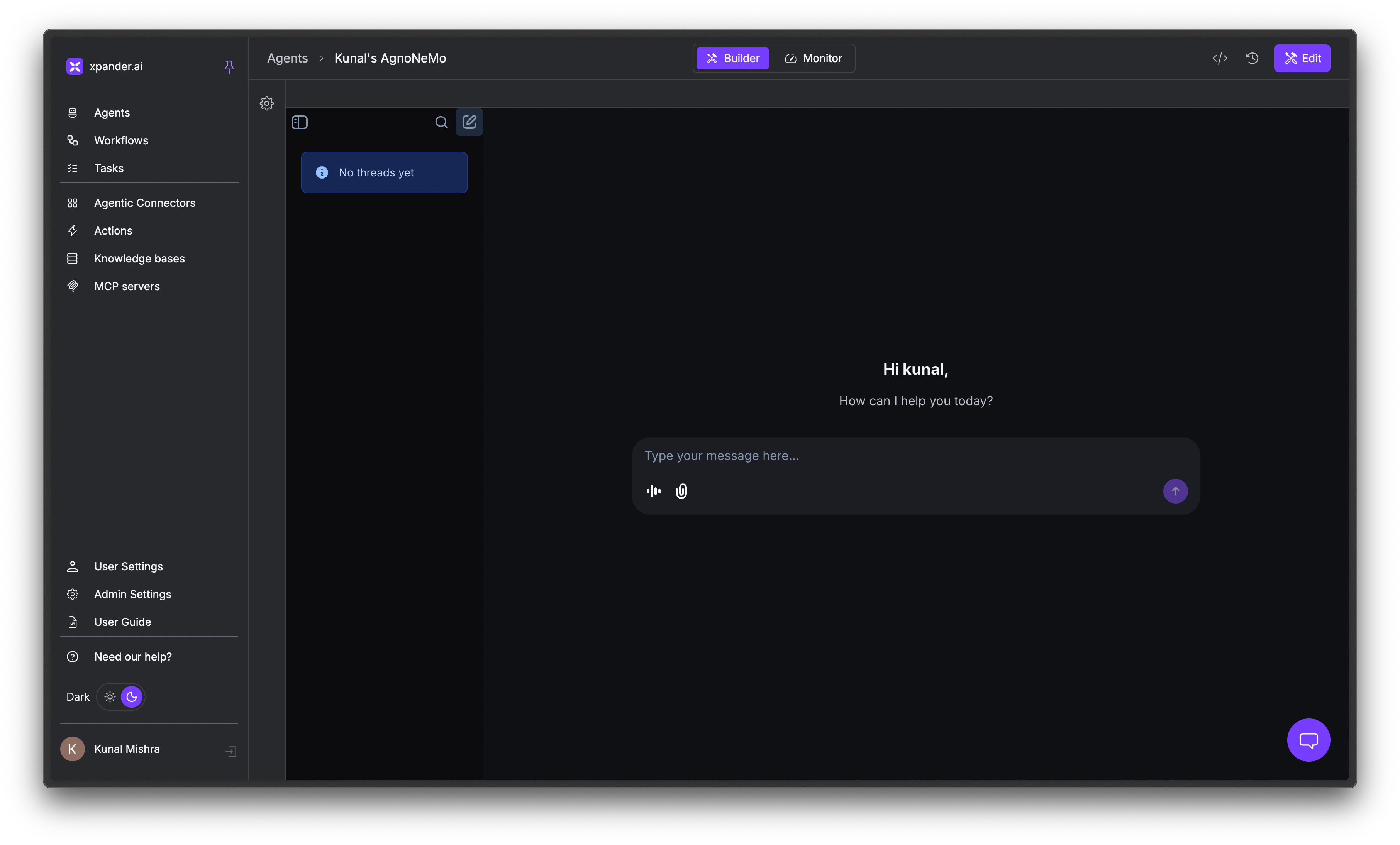 Agent Studio showing the chat interface and configuration controls