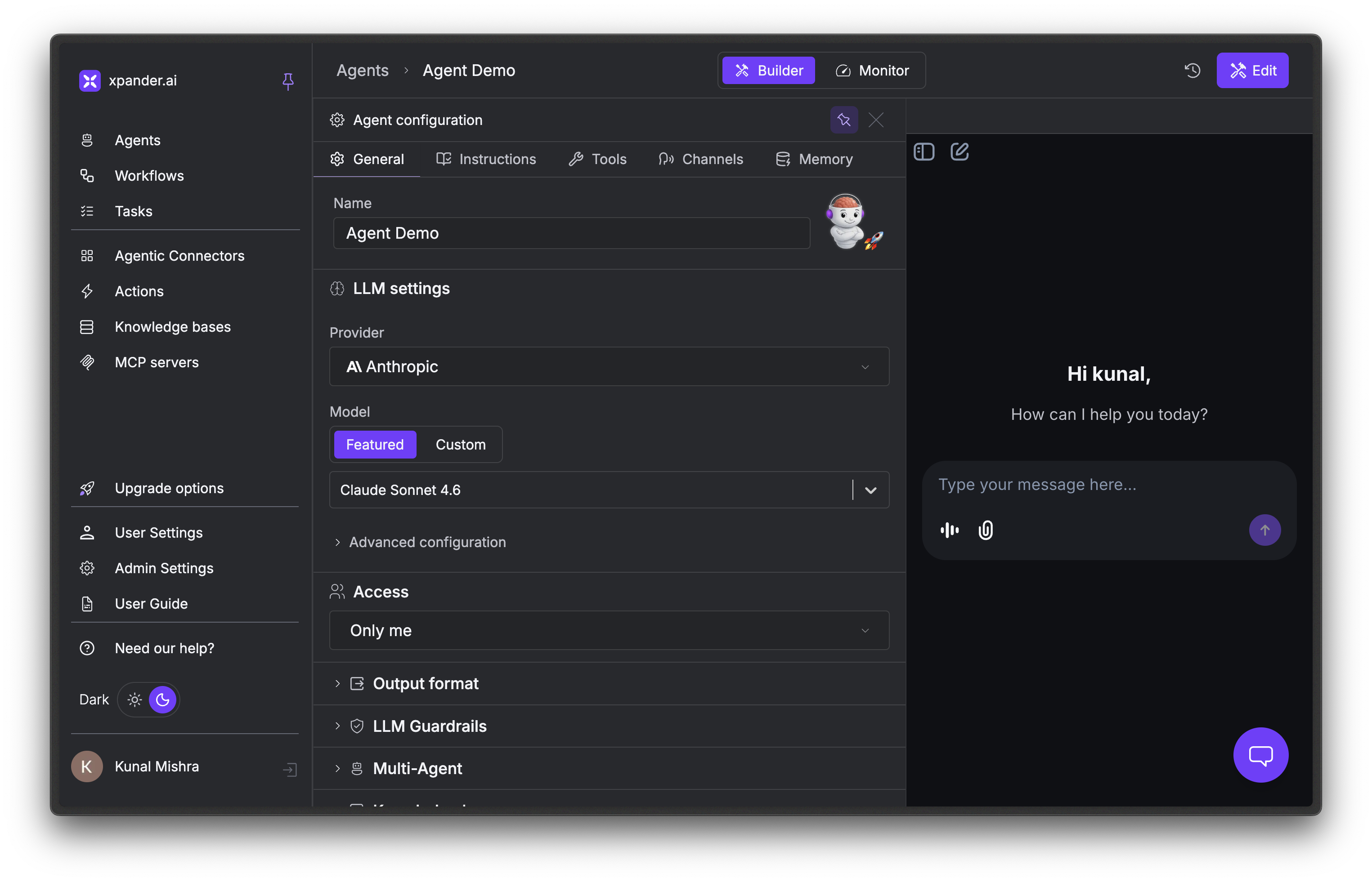 Agent Studio configuration panel with General, Instructions, Tools, Channels, and Memory tabs