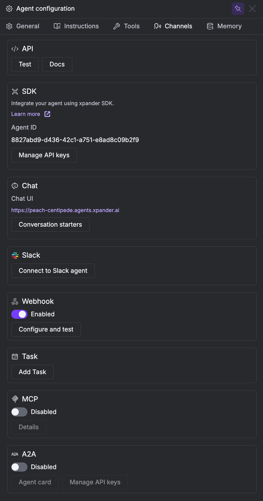 Channels tab showing API, SDK, Chat, Slack, Webhook, Task, MCP, and A2A options