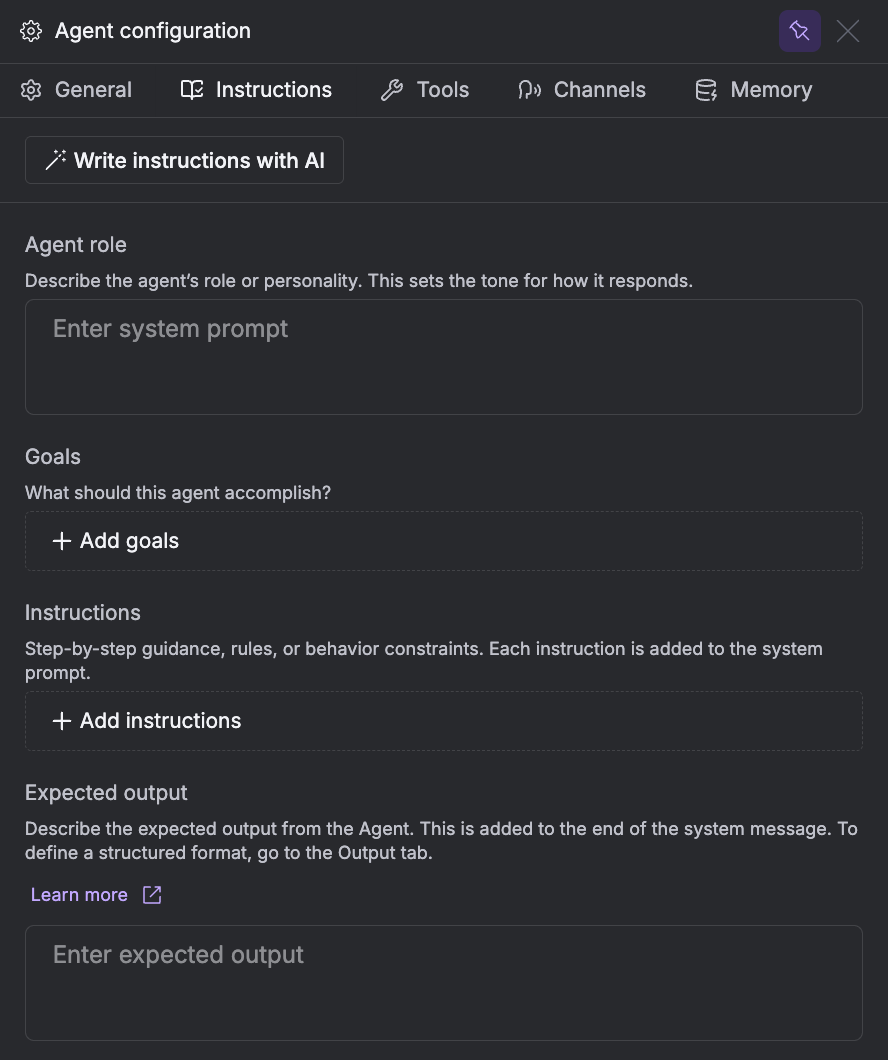 Instructions tab showing agent role, goals, instructions, and expected output fields