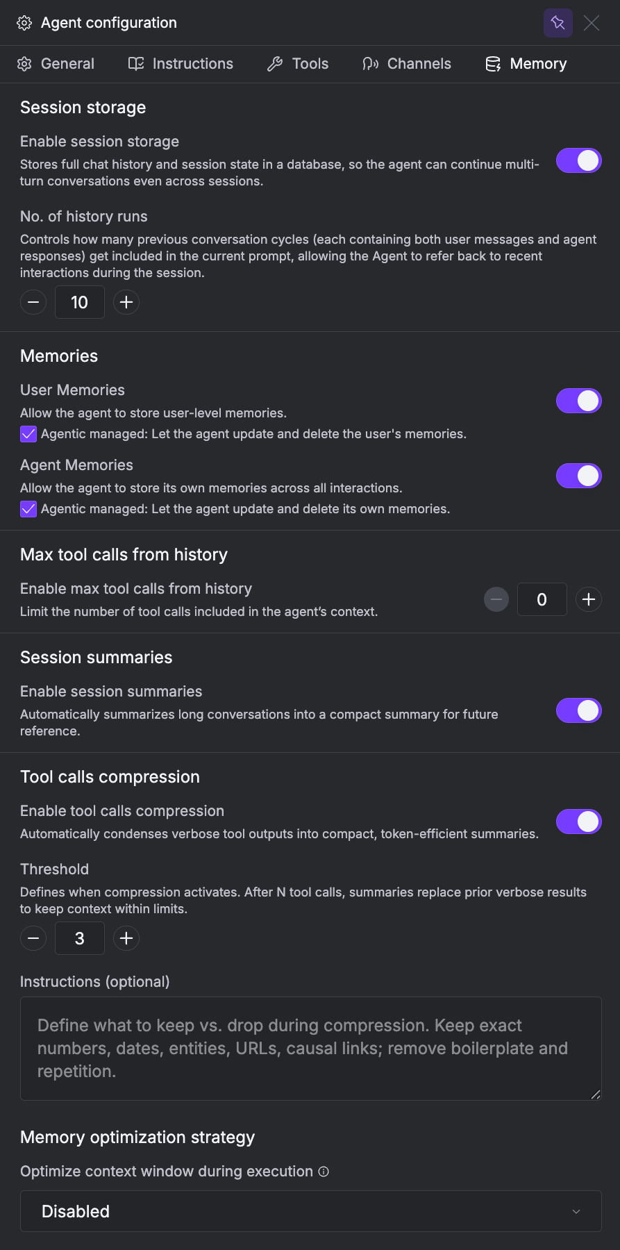 Memory tab showing session storage, memories, compression, and optimization settings