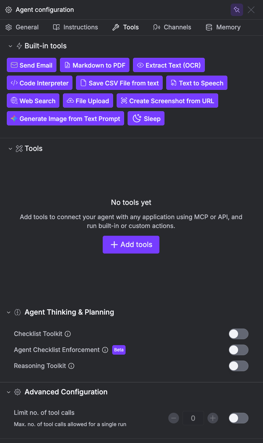Tools tab showing built-in tools, connector tools, thinking & planning, and advanced configuration