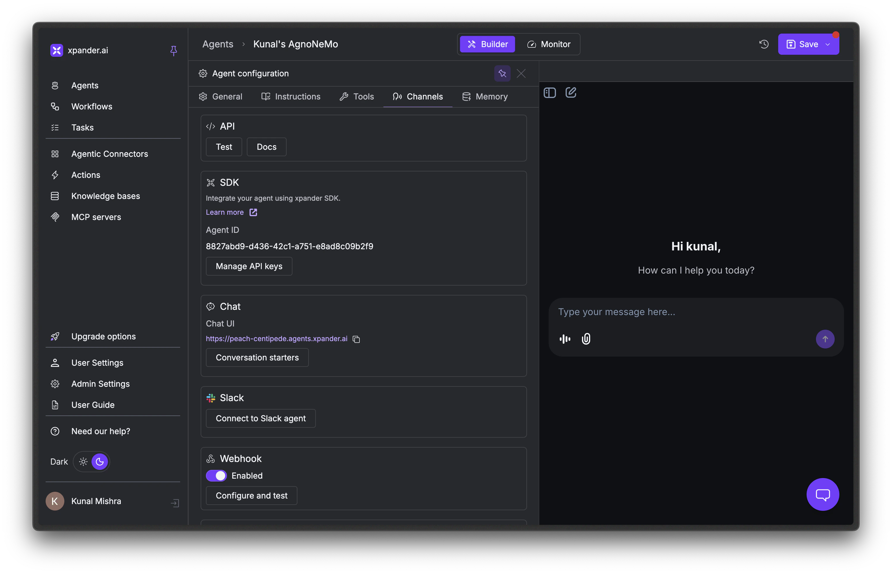 Channels tab with the Chat section showing the unique hosted chat URL and Conversation starters button