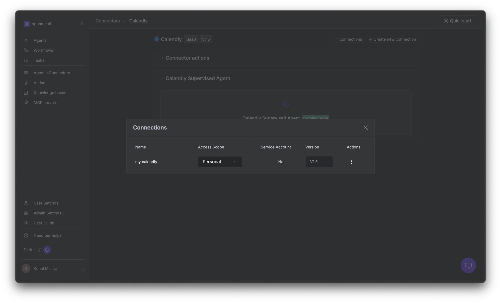 Connections modal showing saved connections with access scope and version