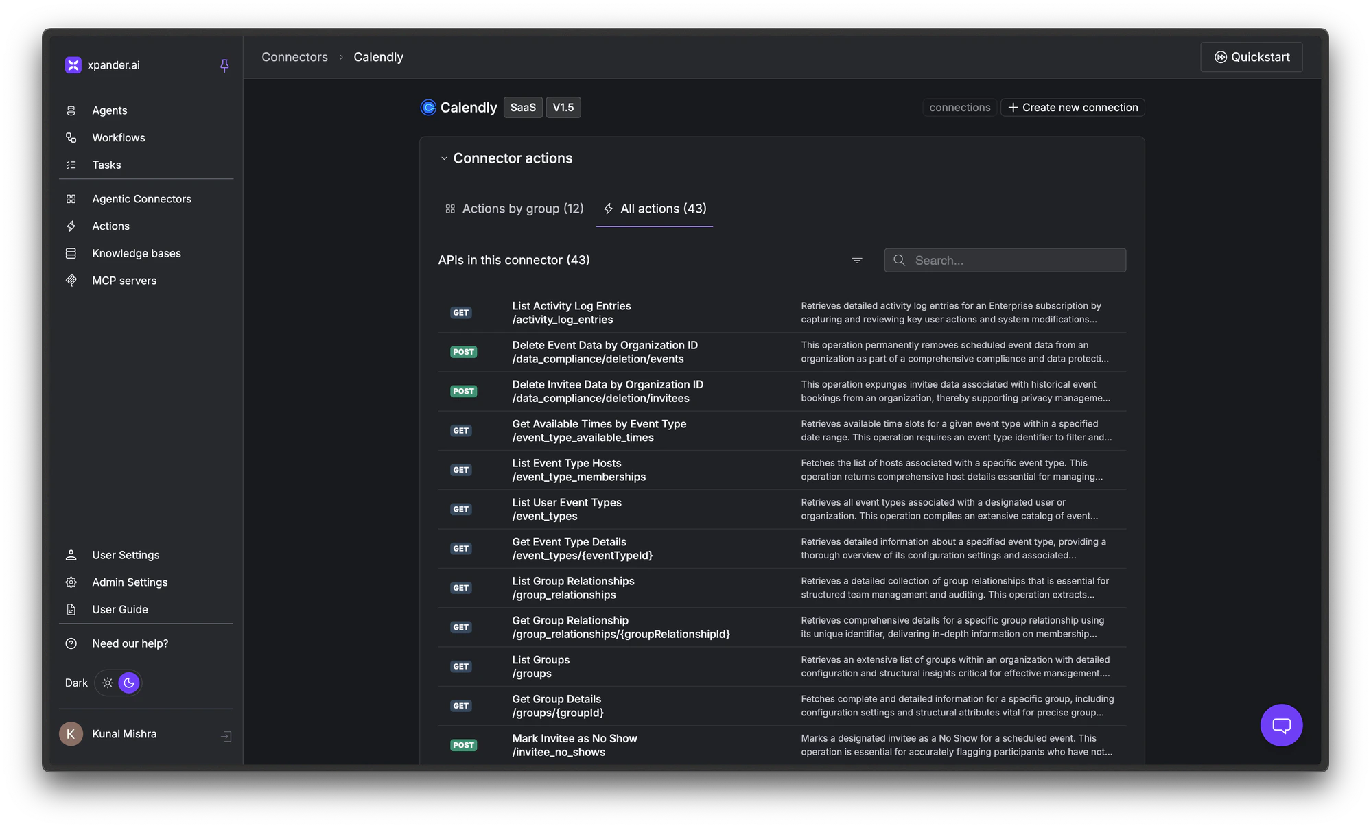 Calendly connector showing all 43 individual API actions