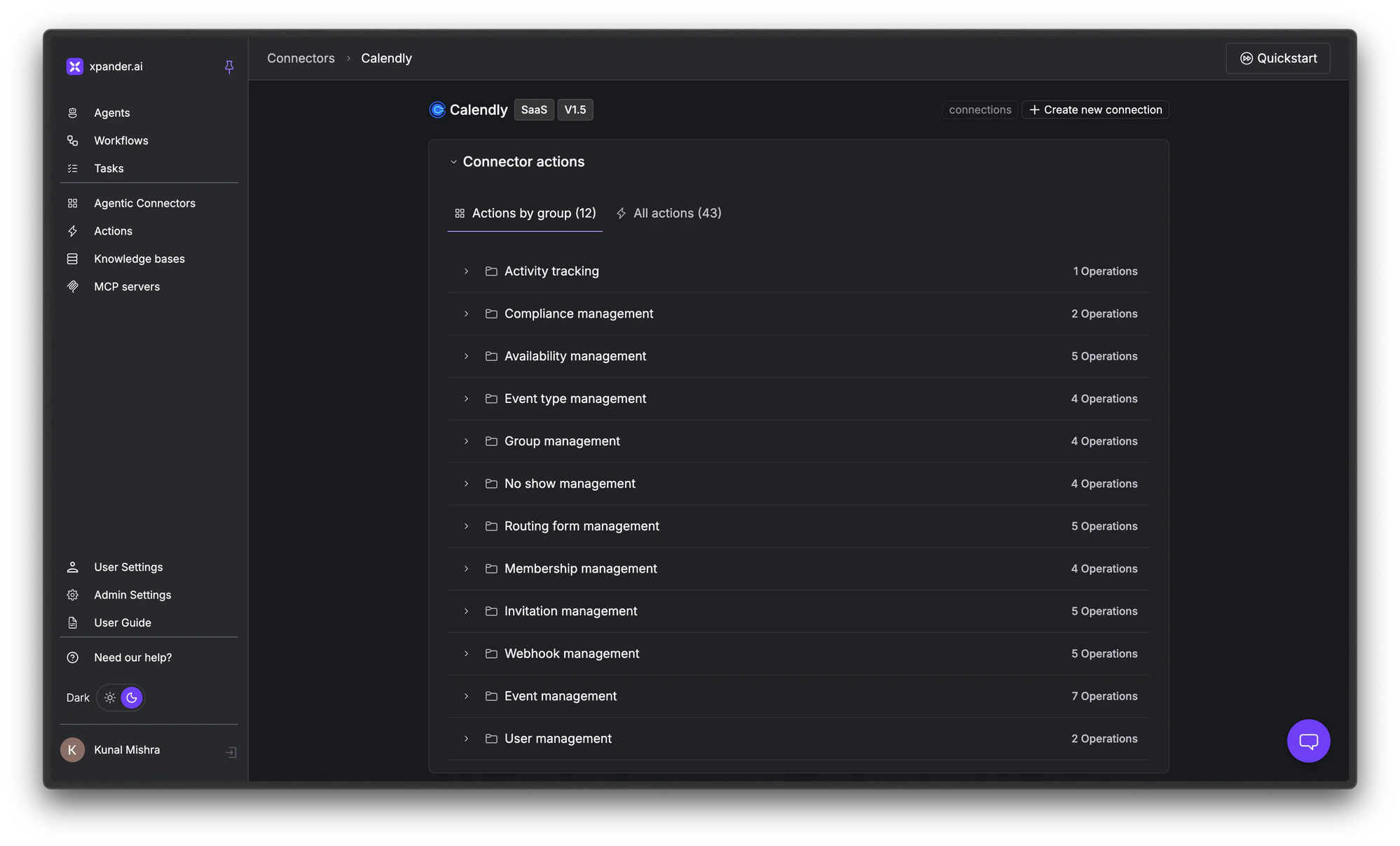 Calendly connector actions organized by group