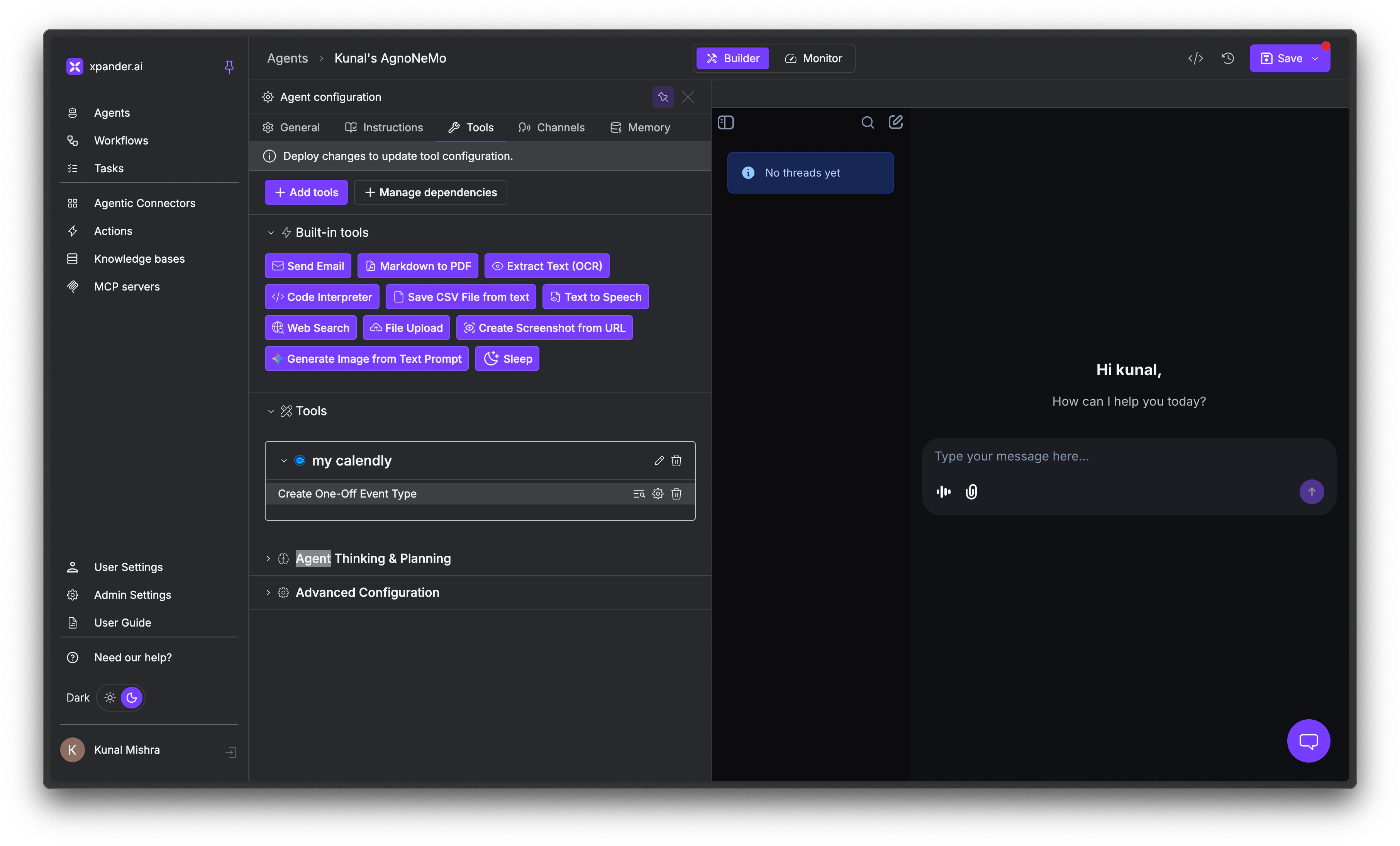 Tools tab showing added Calendly connector tool
