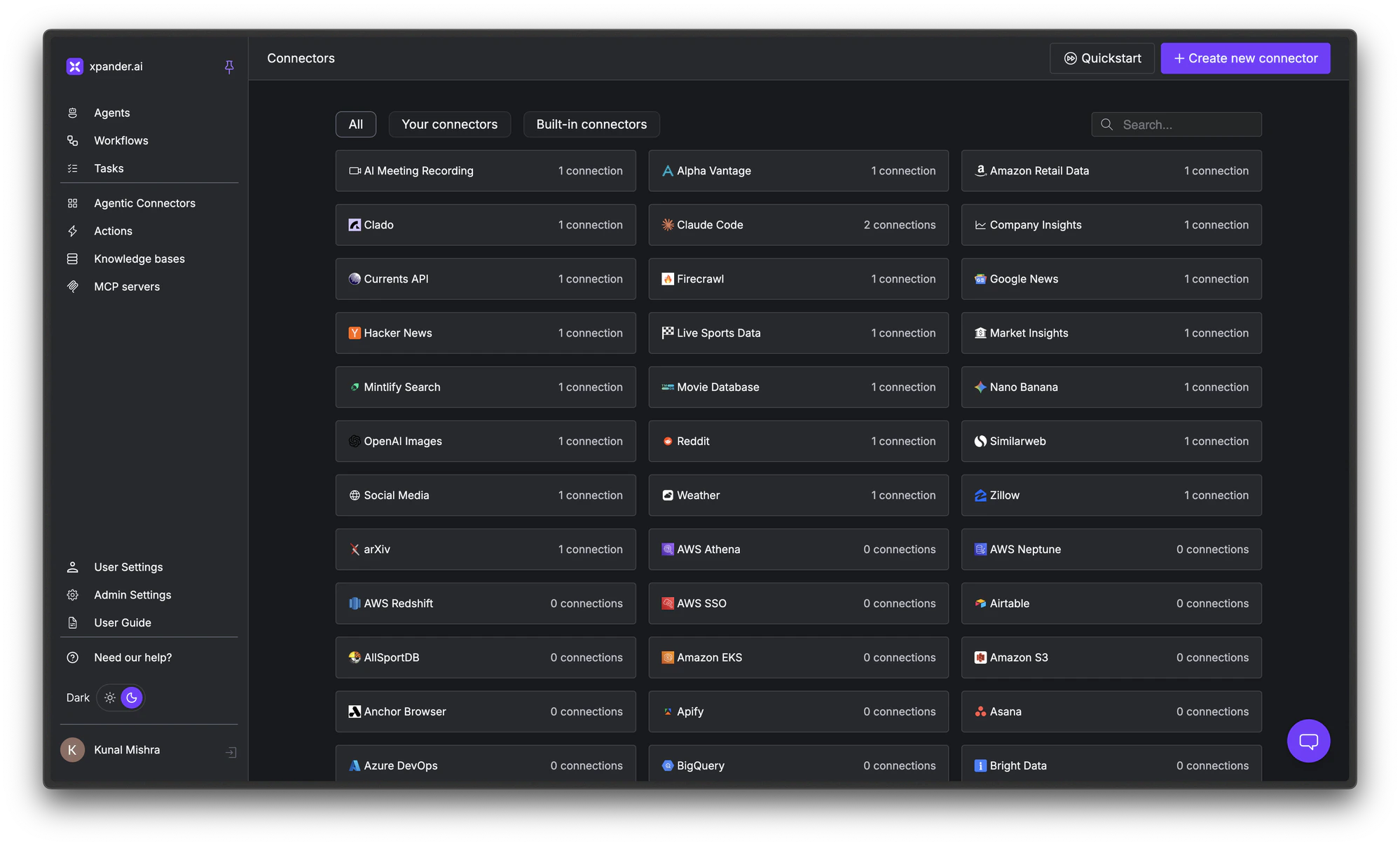 Connector catalog showing available integrations with connection counts