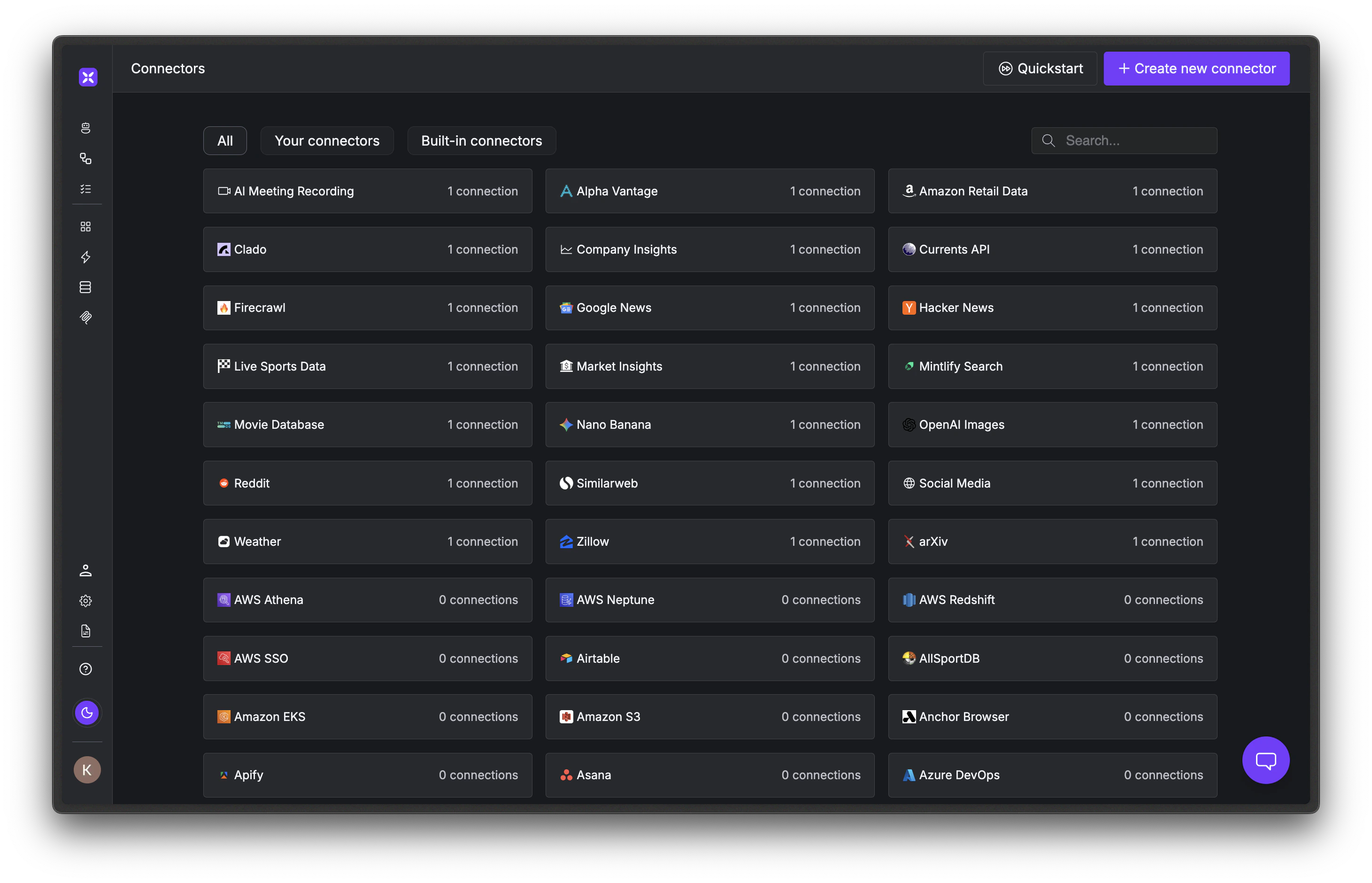 xpander tools catalog showing built-in tools like Web Search, Send Email, and Code Interpreter alongside connector integrations for Slack, GitHub, Google Drive, Jira, and more
