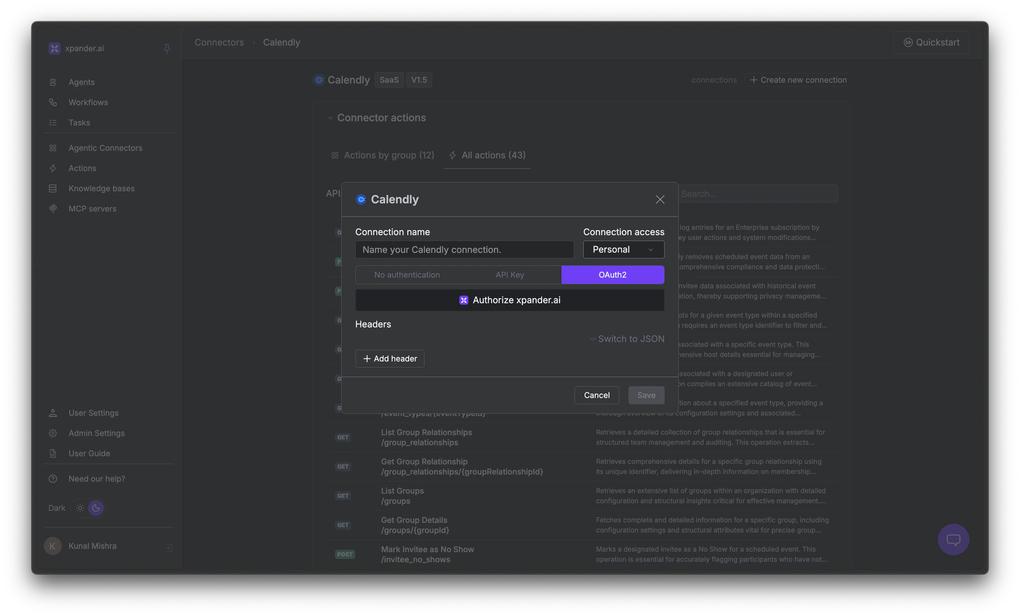 Connection creation dialog with authentication method options