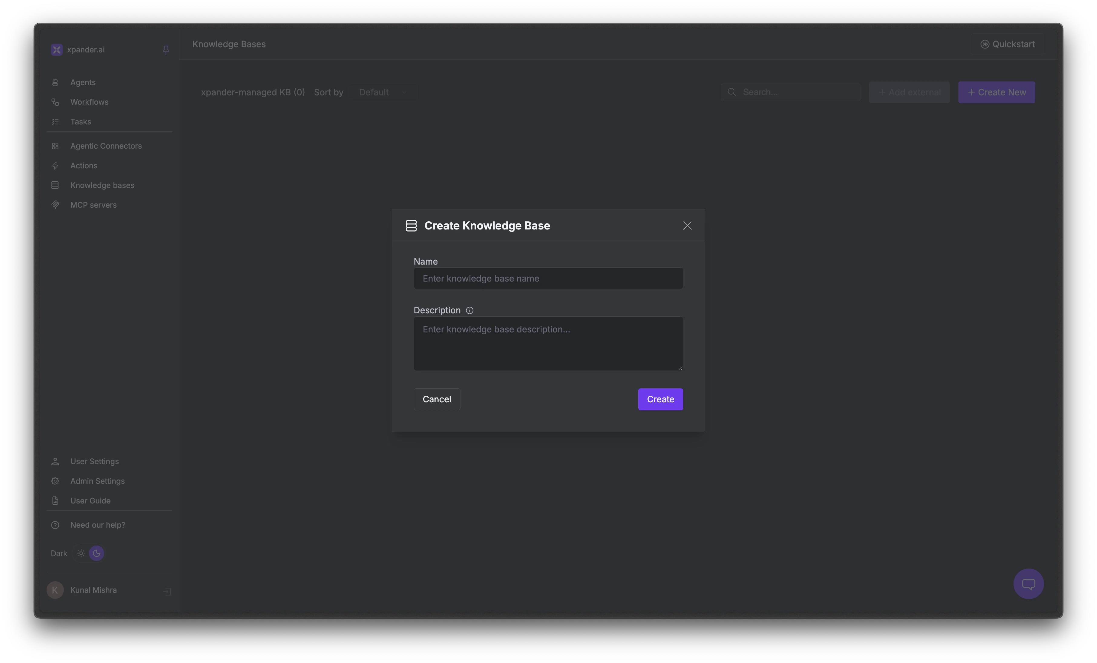 Create Knowledge Base dialog with name and description fields