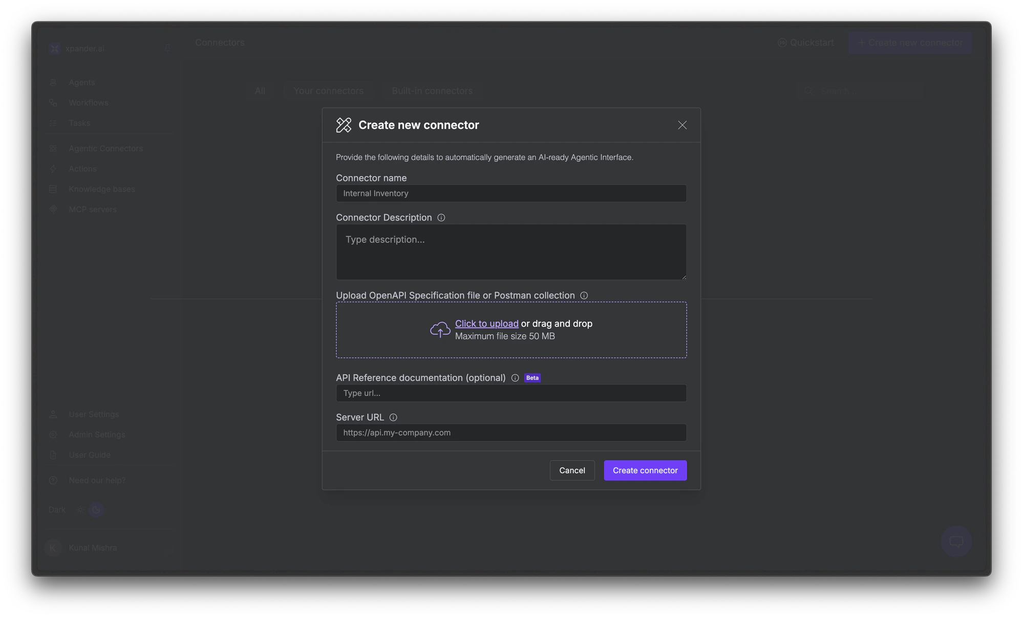 Create new connector dialog with OpenAPI specification upload