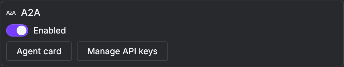 A2A channel card with Enabled toggle, Agent card and Manage API keys buttons