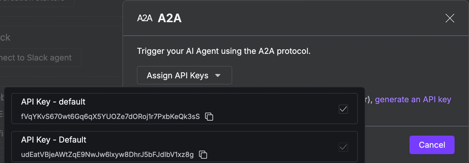 A2A API key manager with Assign API Keys dropdown showing generated keys