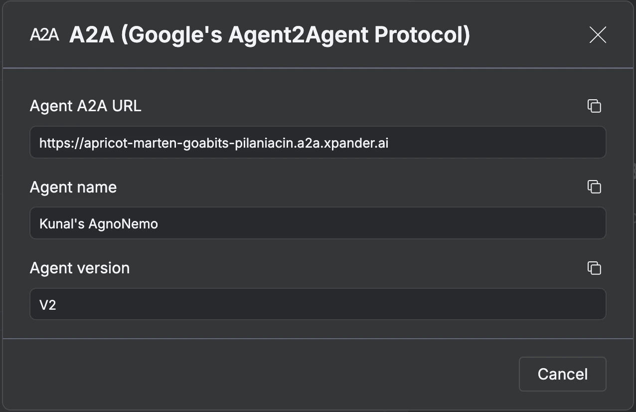 A2A agent card showing URL, name, version, and list of exposed skills with descriptions