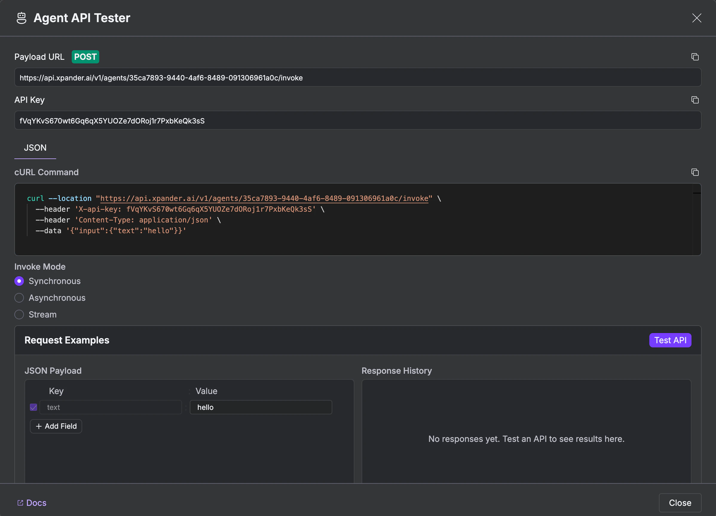 Agent API Tester with payload URL, API key, cURL command, and invoke mode selection
