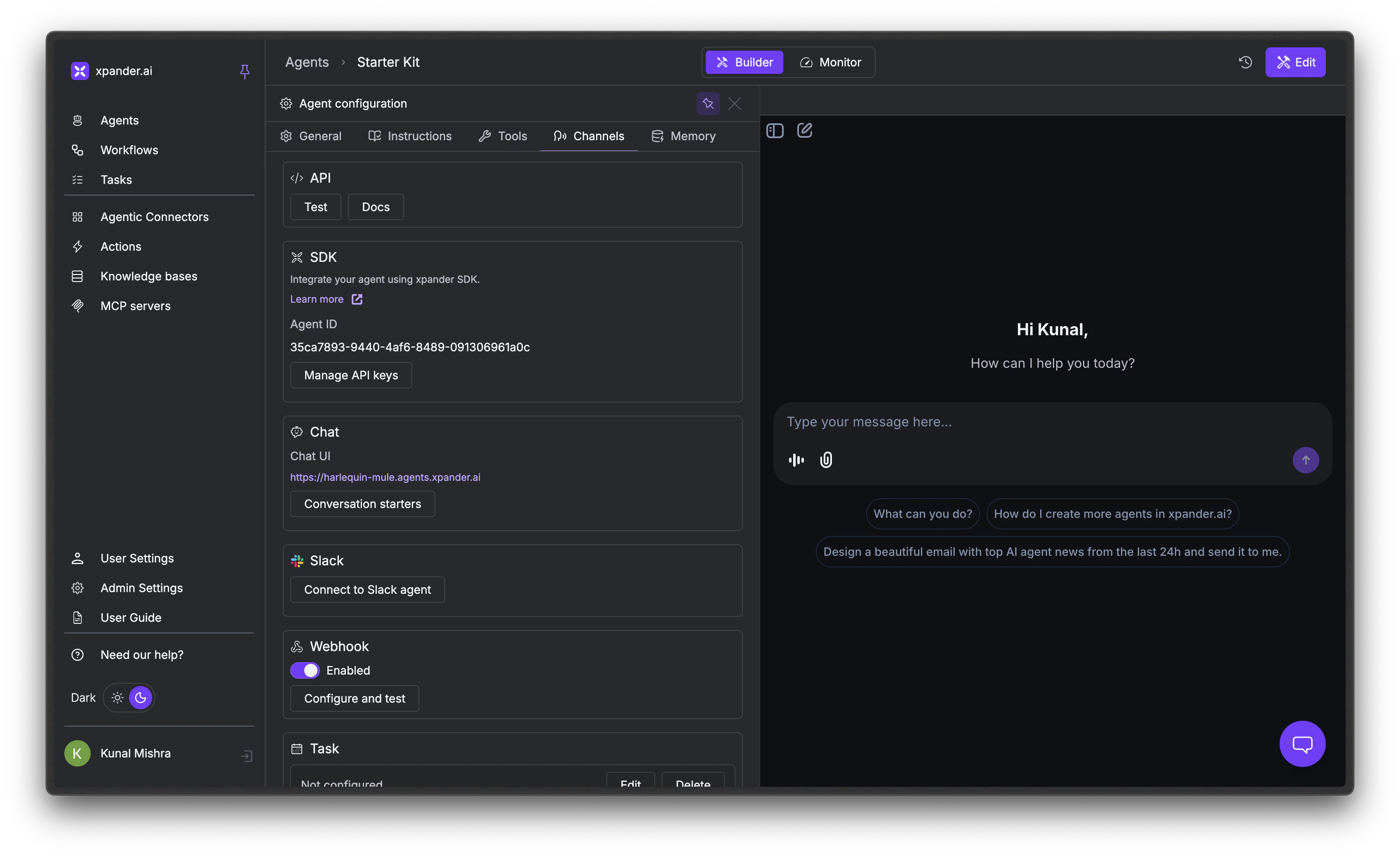 Channels tab with the Webhook section showing the Enabled toggle and Configure and test button