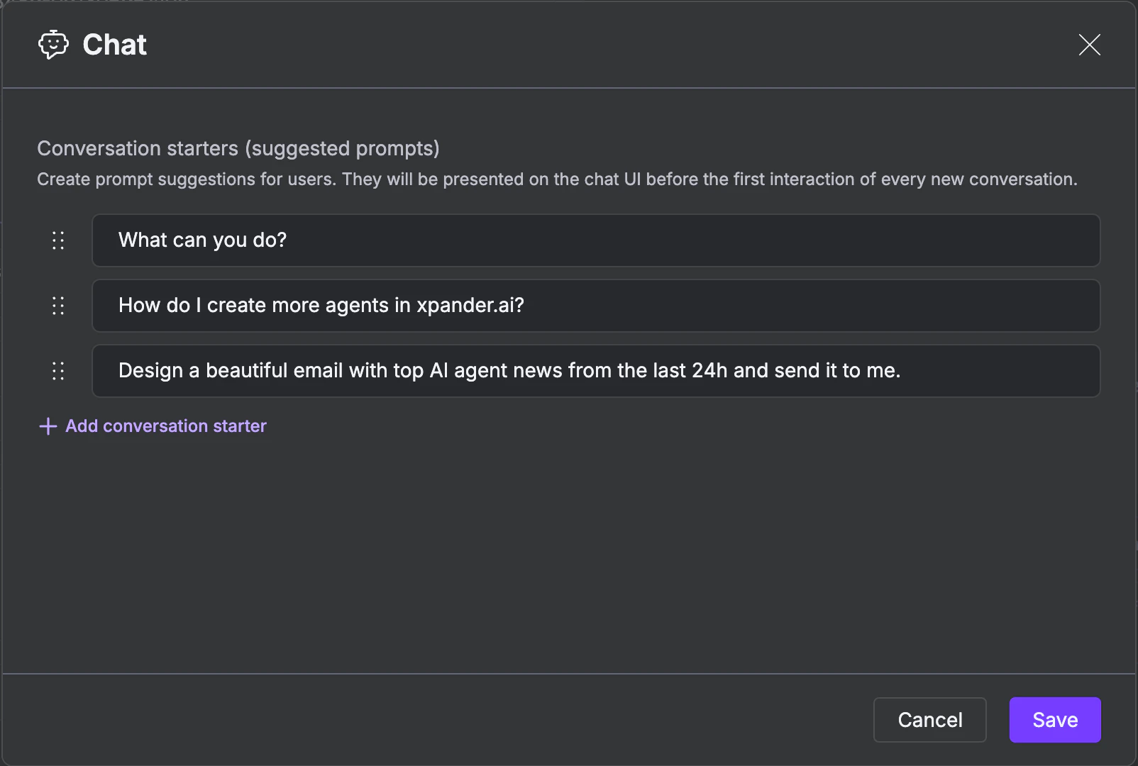 Conversation starters editor with example prompts and Save button