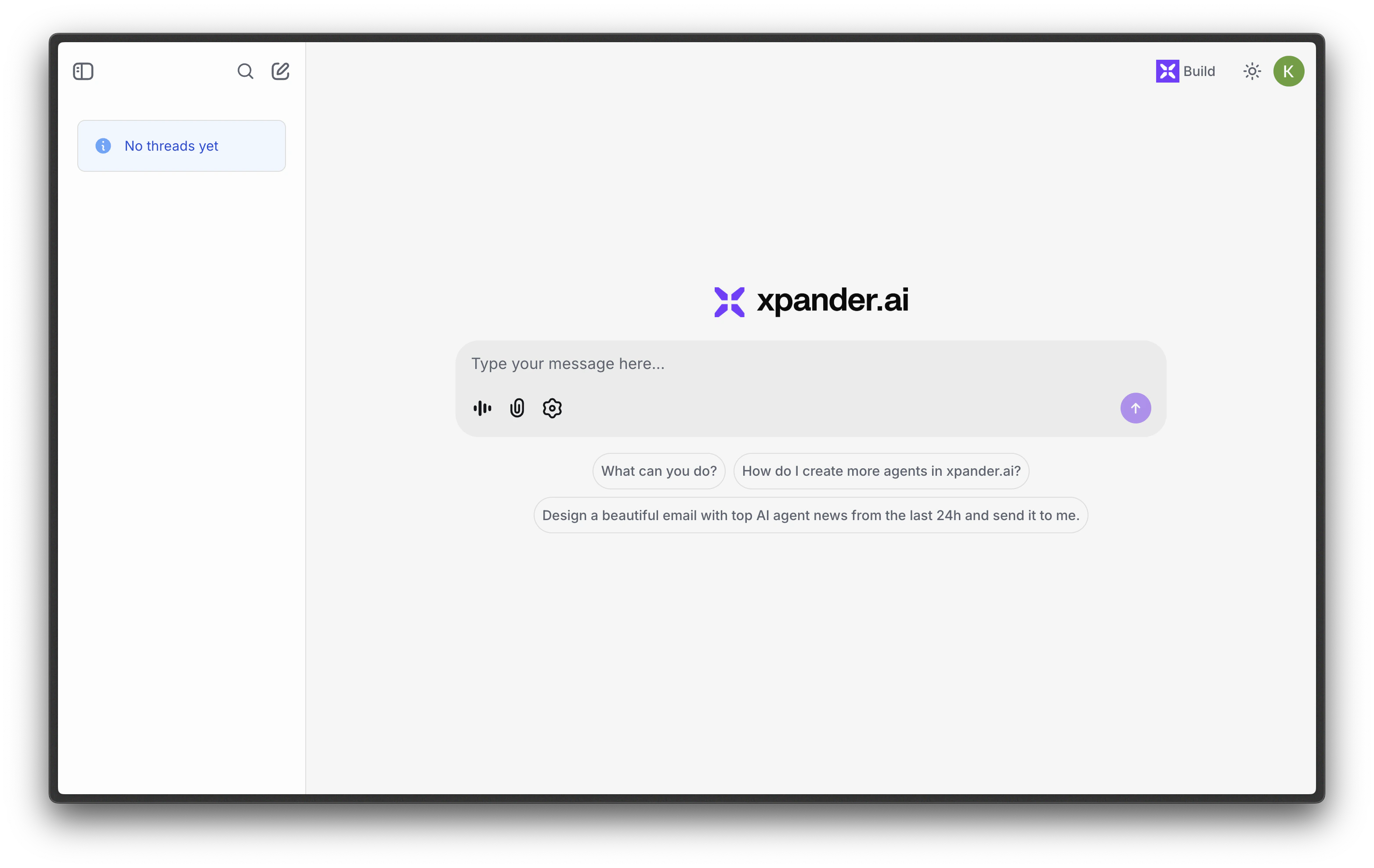 Hosted chat interface showing Xpander branding, message input, and conversation starters