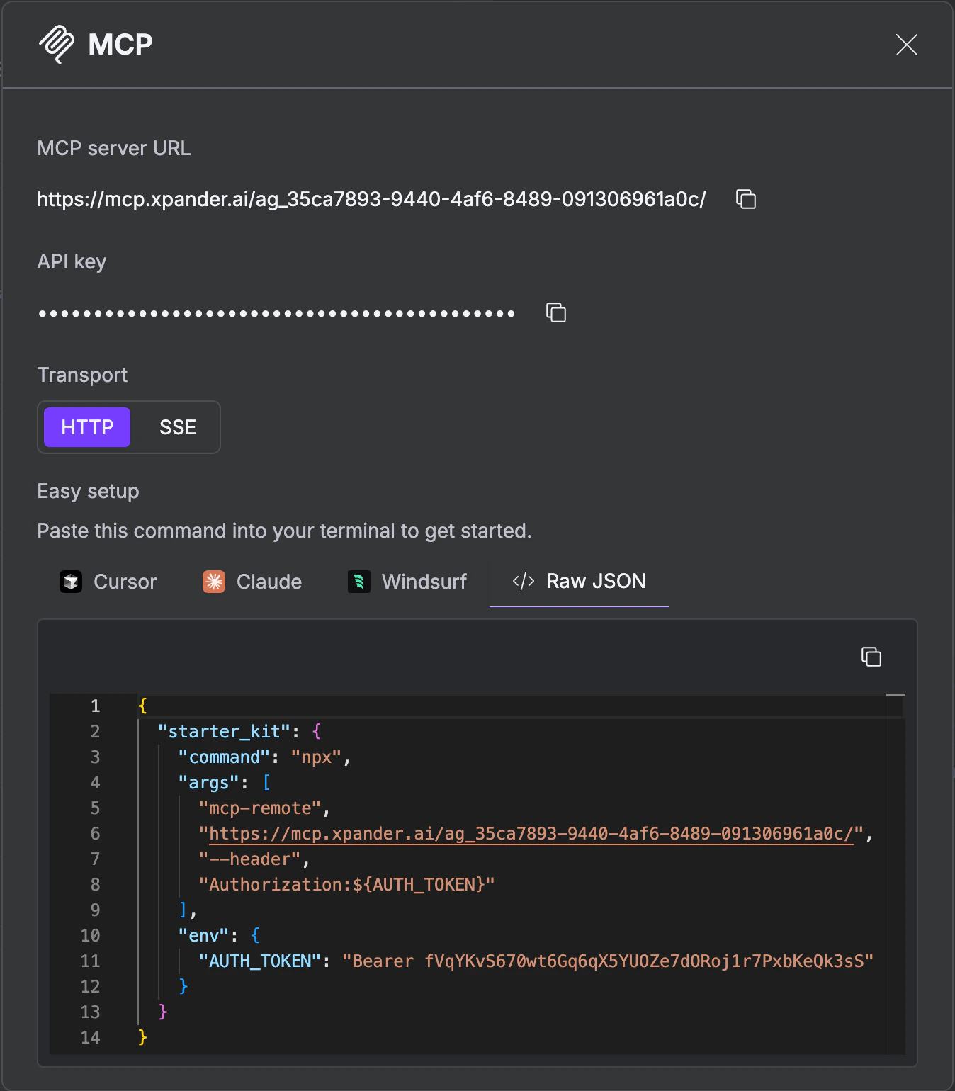 MCP details modal showing server URL, API key, transport selection, and easy setup configs for Cursor, Claude, Windsurf