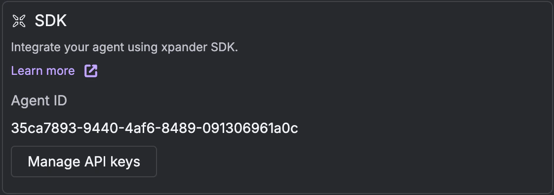 SDK channel card showing Agent ID and Manage API keys button