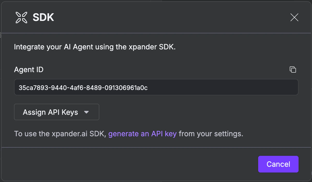 SDK modal showing Agent ID and Assign API Keys dropdown