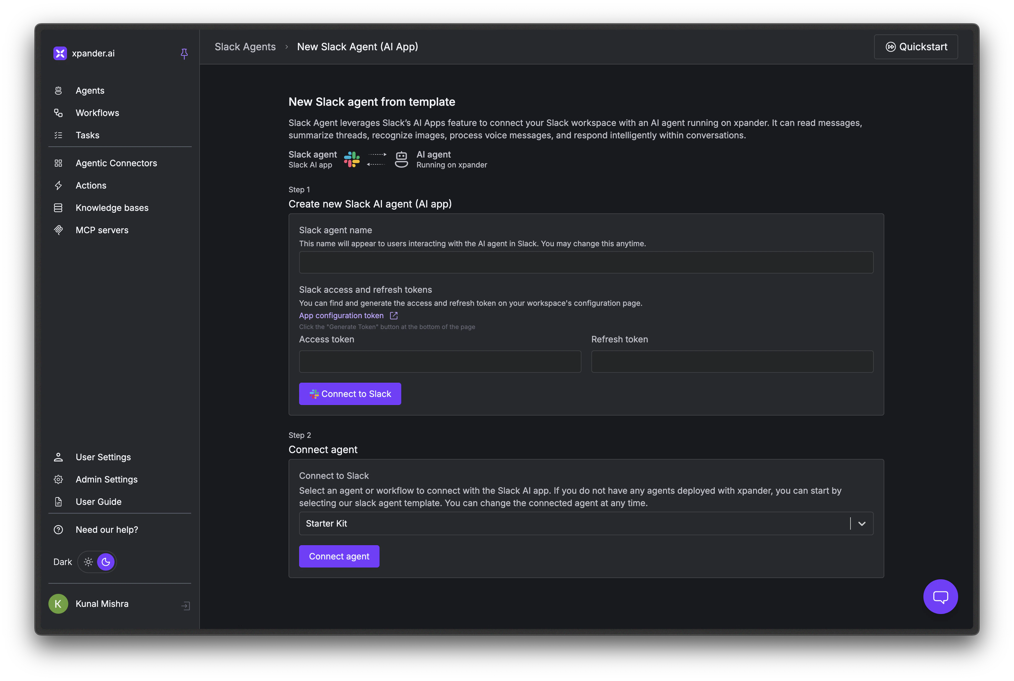 New Slack agent setup page with empty name and token fields