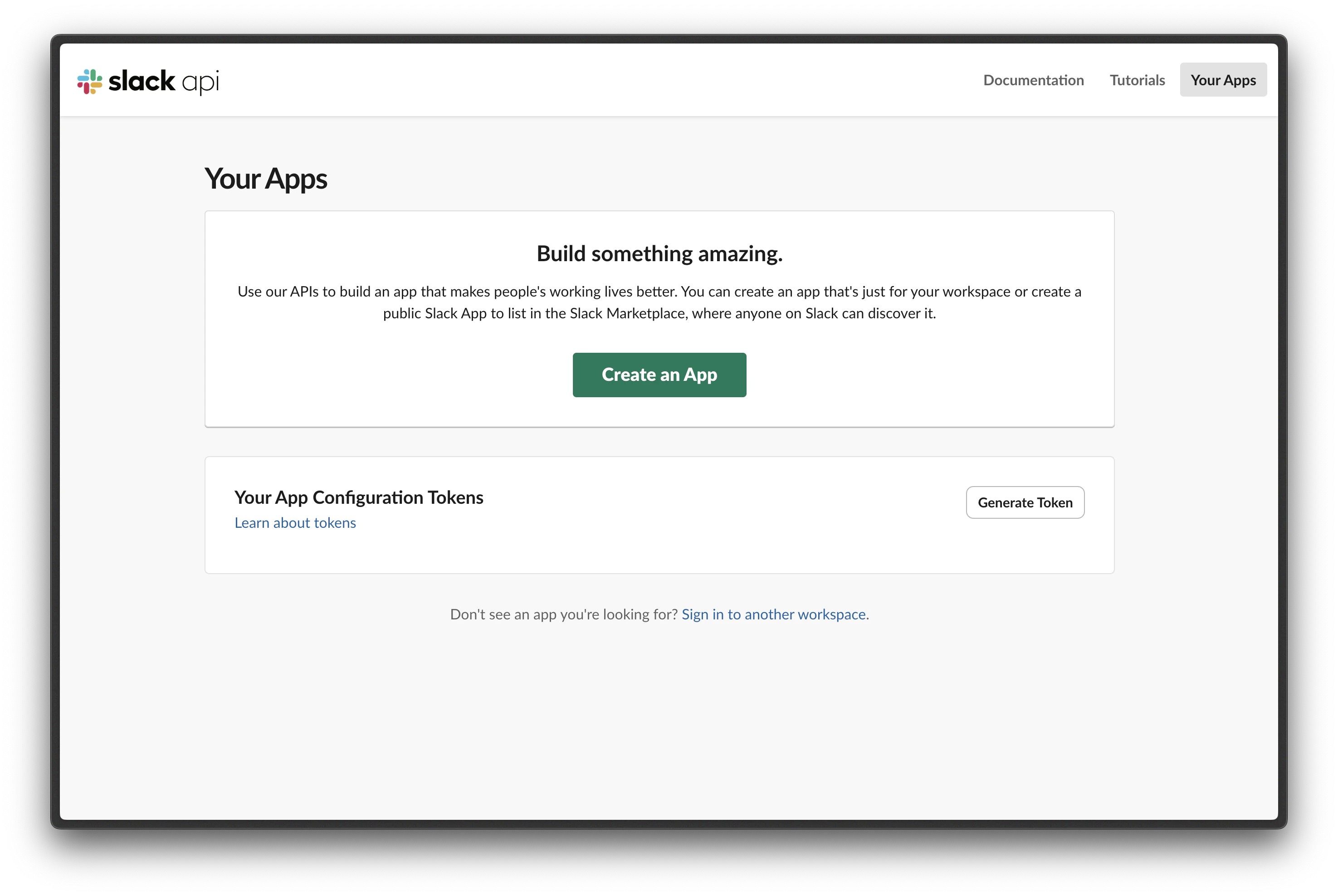 Slack API Your Apps page with Generate Token button