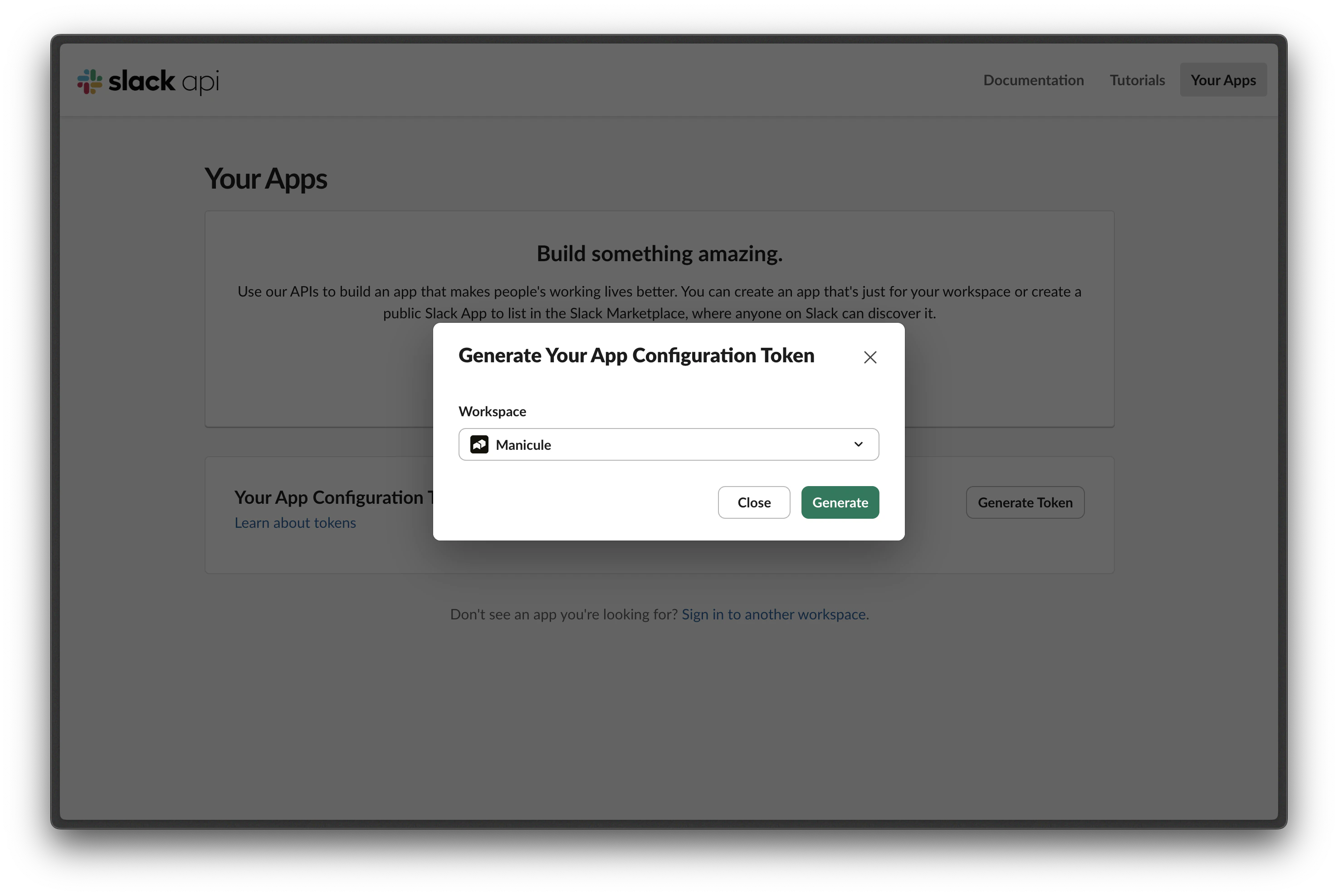 Generate Your App Configuration Token dialog with workspace selection