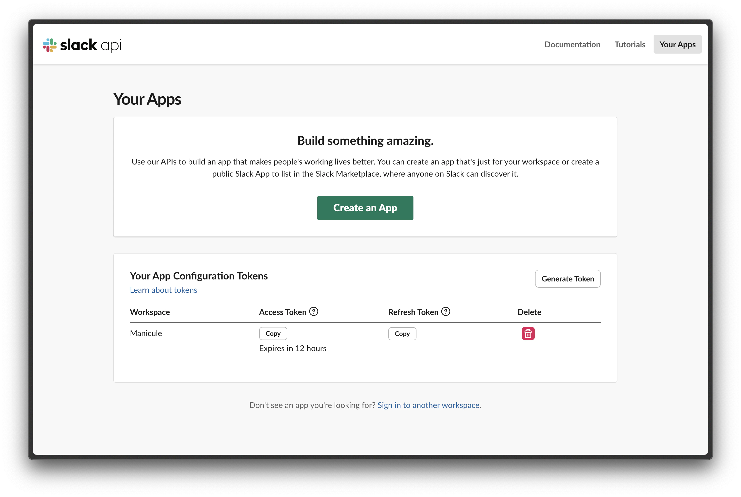 Slack API tokens page showing Access Token and Refresh Token with Copy buttons