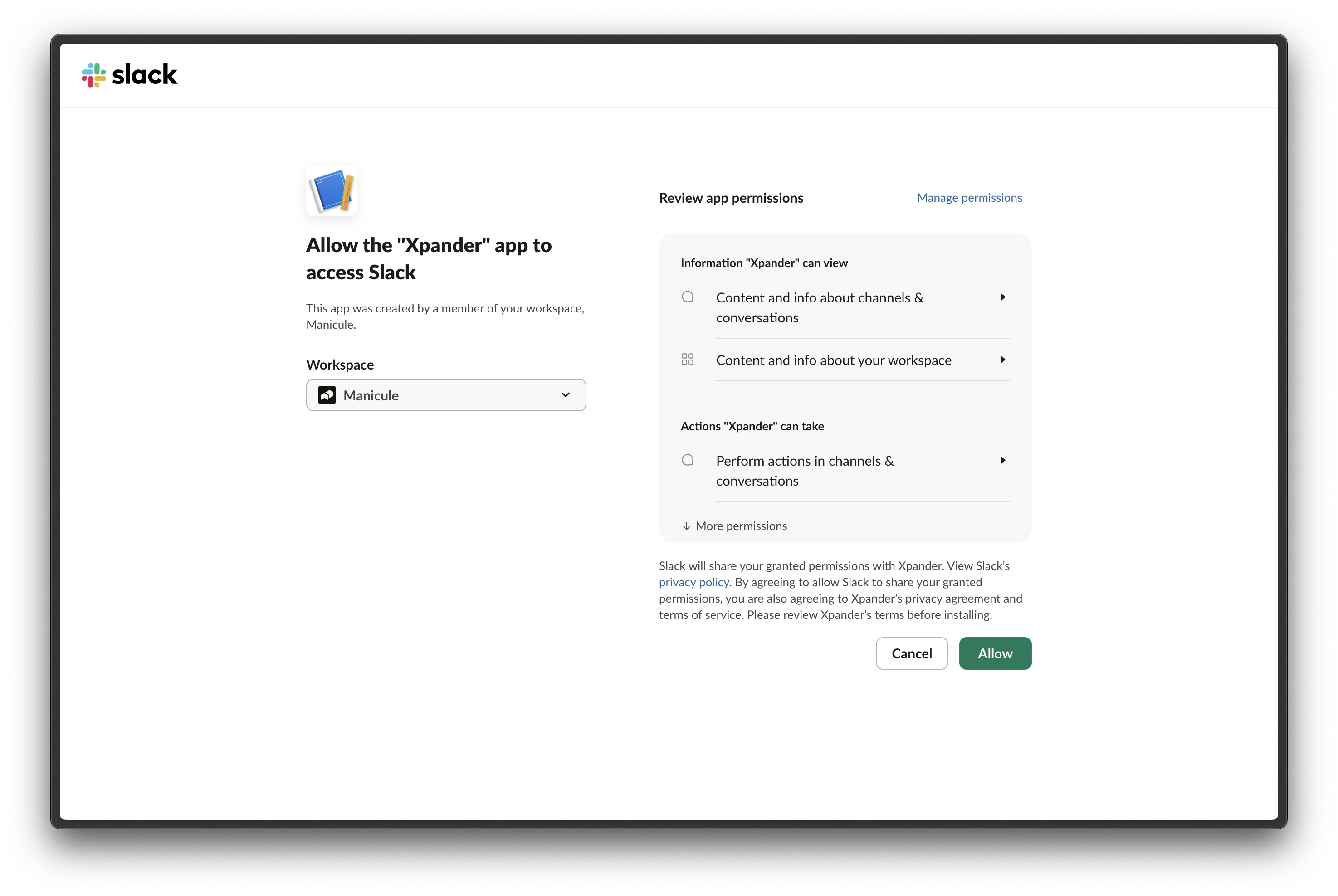 Slack OAuth permissions page requesting access to channels and conversations