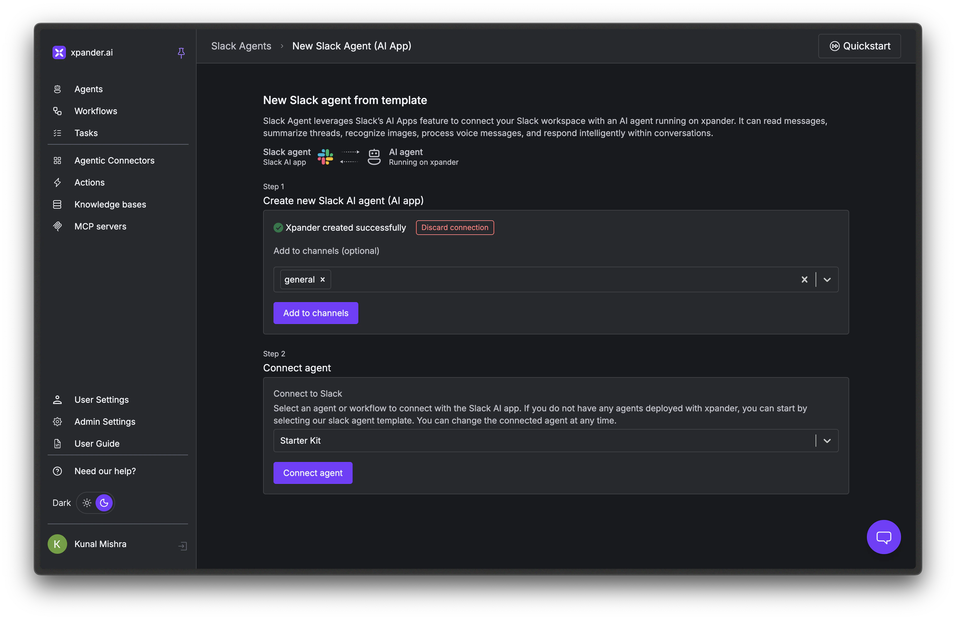 Successfully connected Slack agent page with channel selection and Connect agent section
