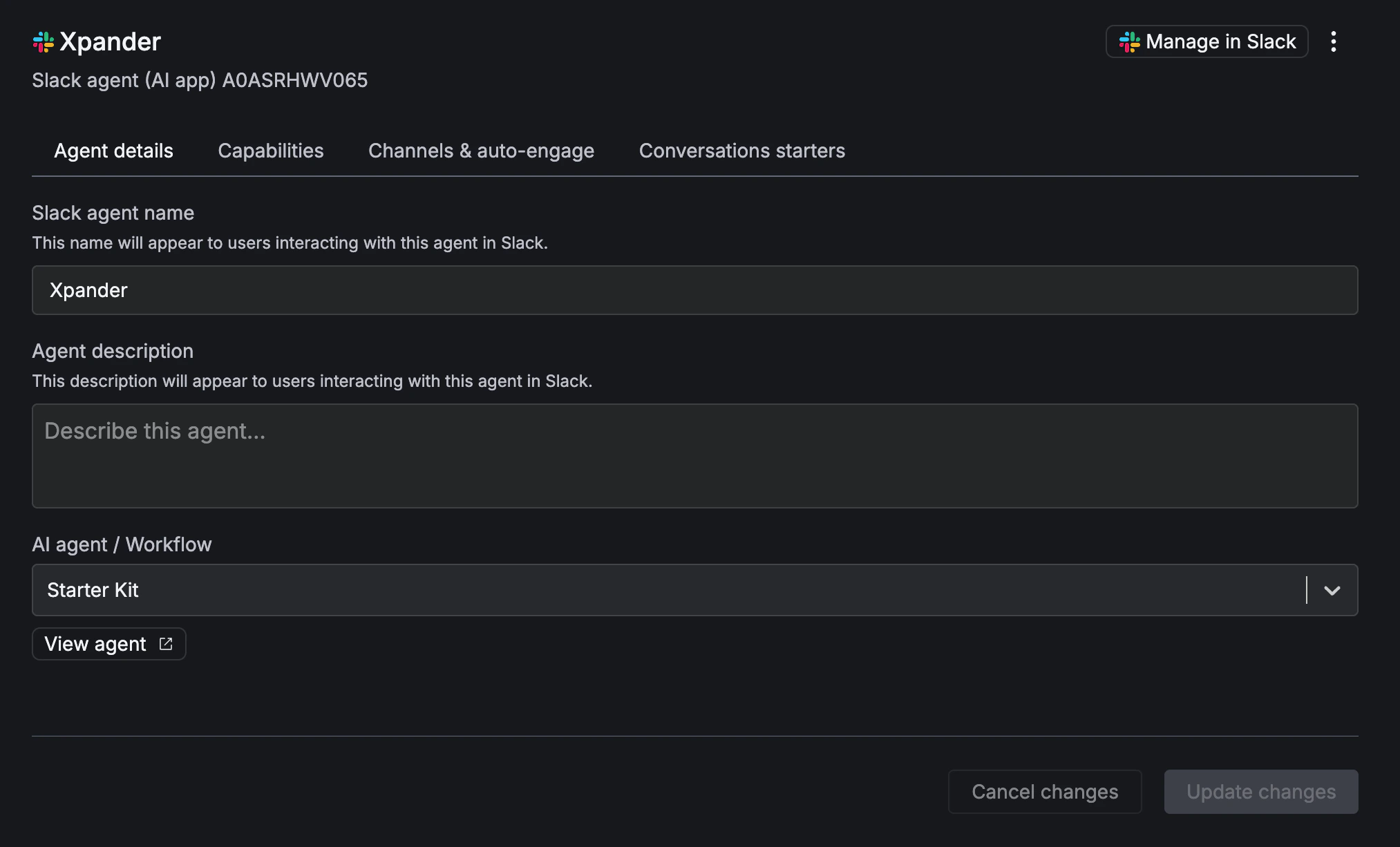 Slack agent details tab showing name, description, and connected AI agent