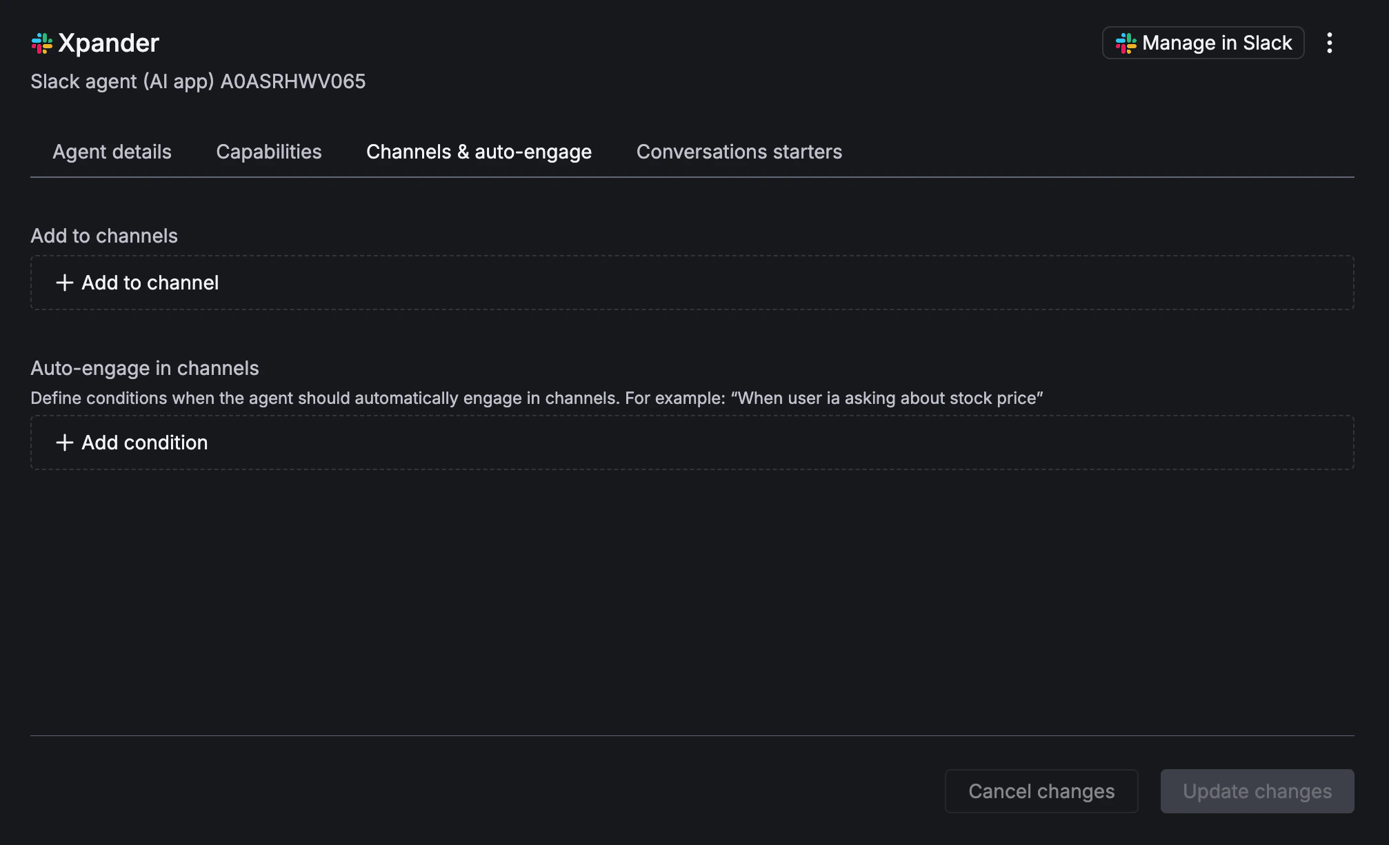 Channels and auto-engage tab with channel list and condition builder