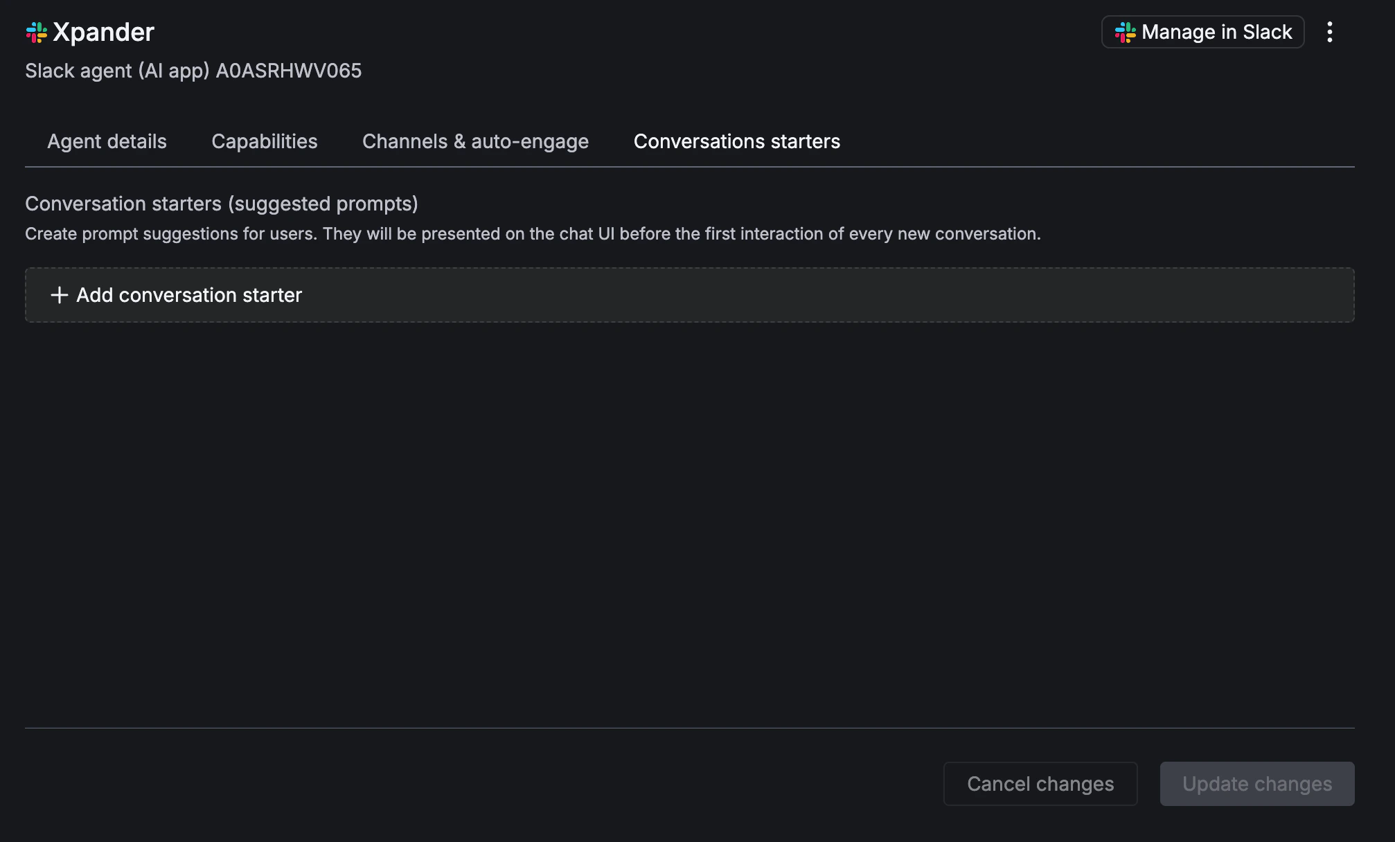 Conversation starters tab with Add conversation starter button