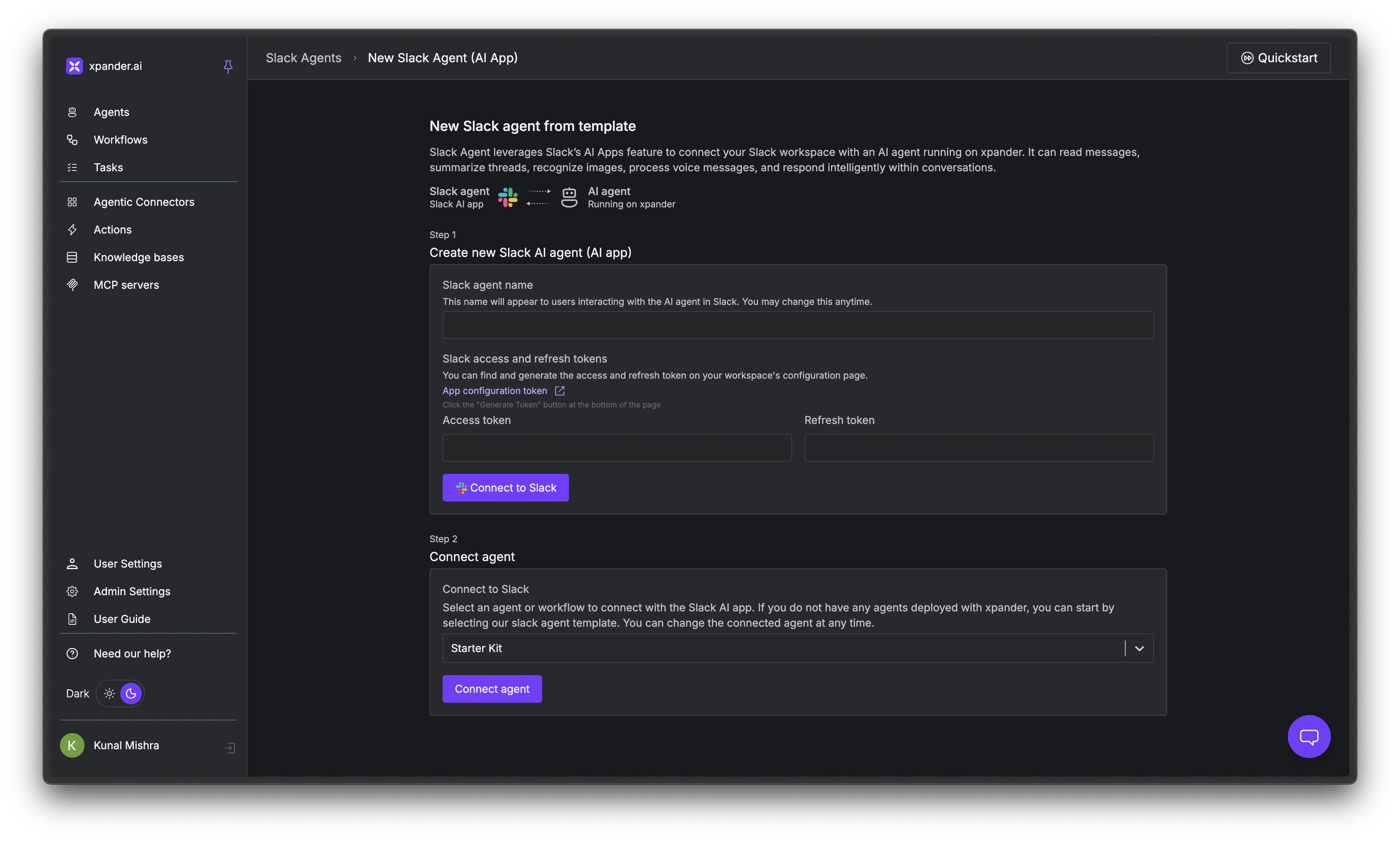 New Slack agent setup page with name, token fields, and Connect agent section