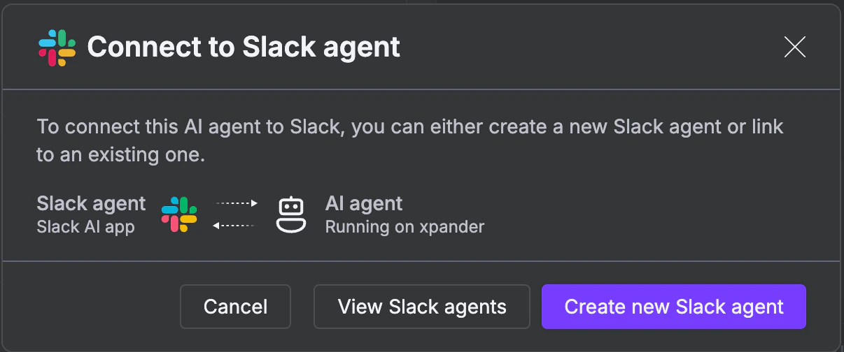 Connect to Slack agent dialog with options to create new or view existing