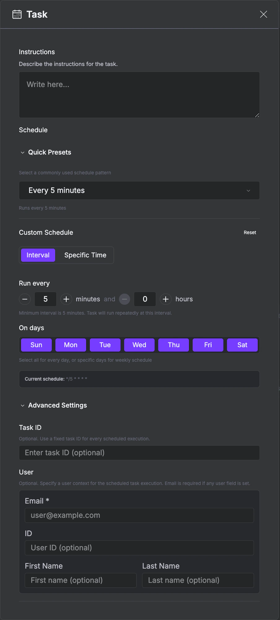 Task configuration showing instructions, schedule presets, interval settings, and user context