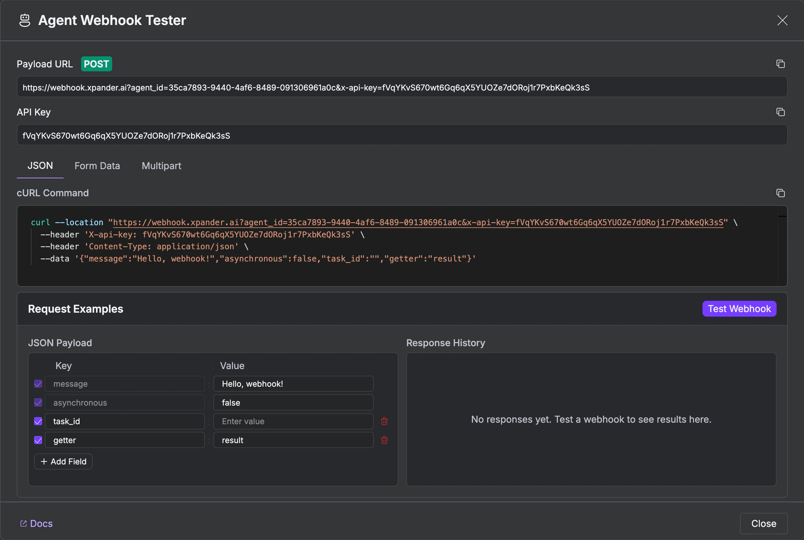 Agent Webhook Tester showing payload URL, API key, cURL command, JSON payload fields, and Test Webhook button