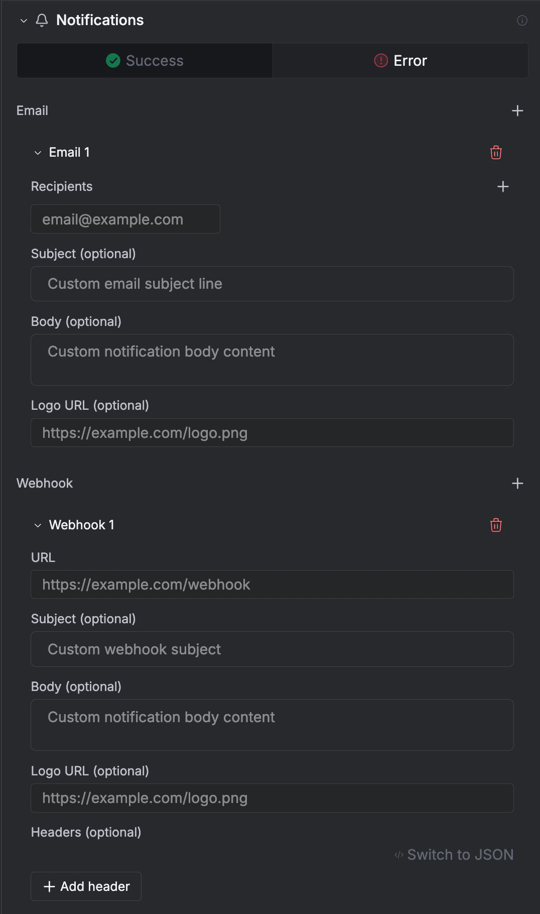 Notifications panel showing Email and Webhook configuration under the Error tab