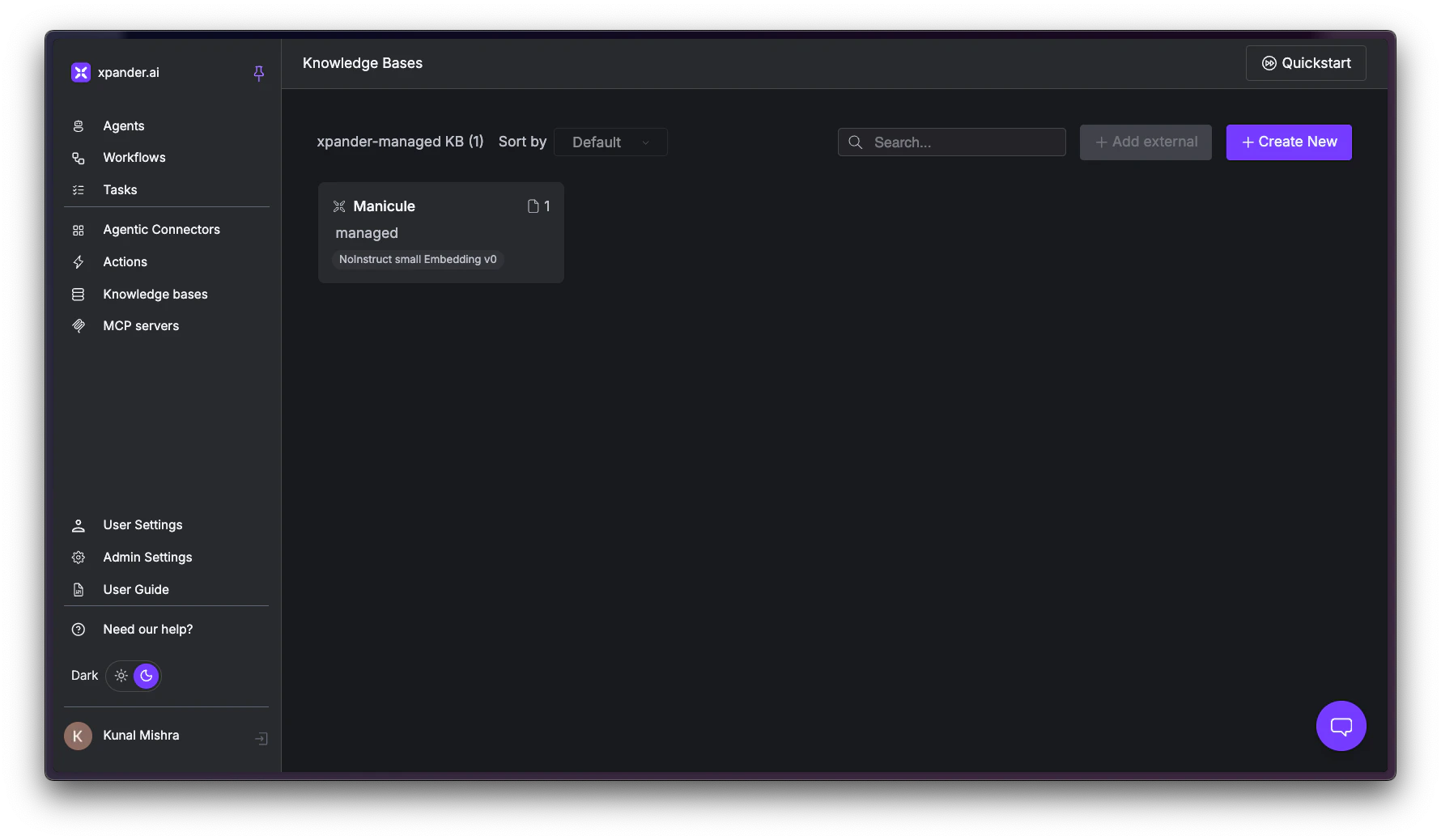 Knowledge Bases page showing list of knowledge bases