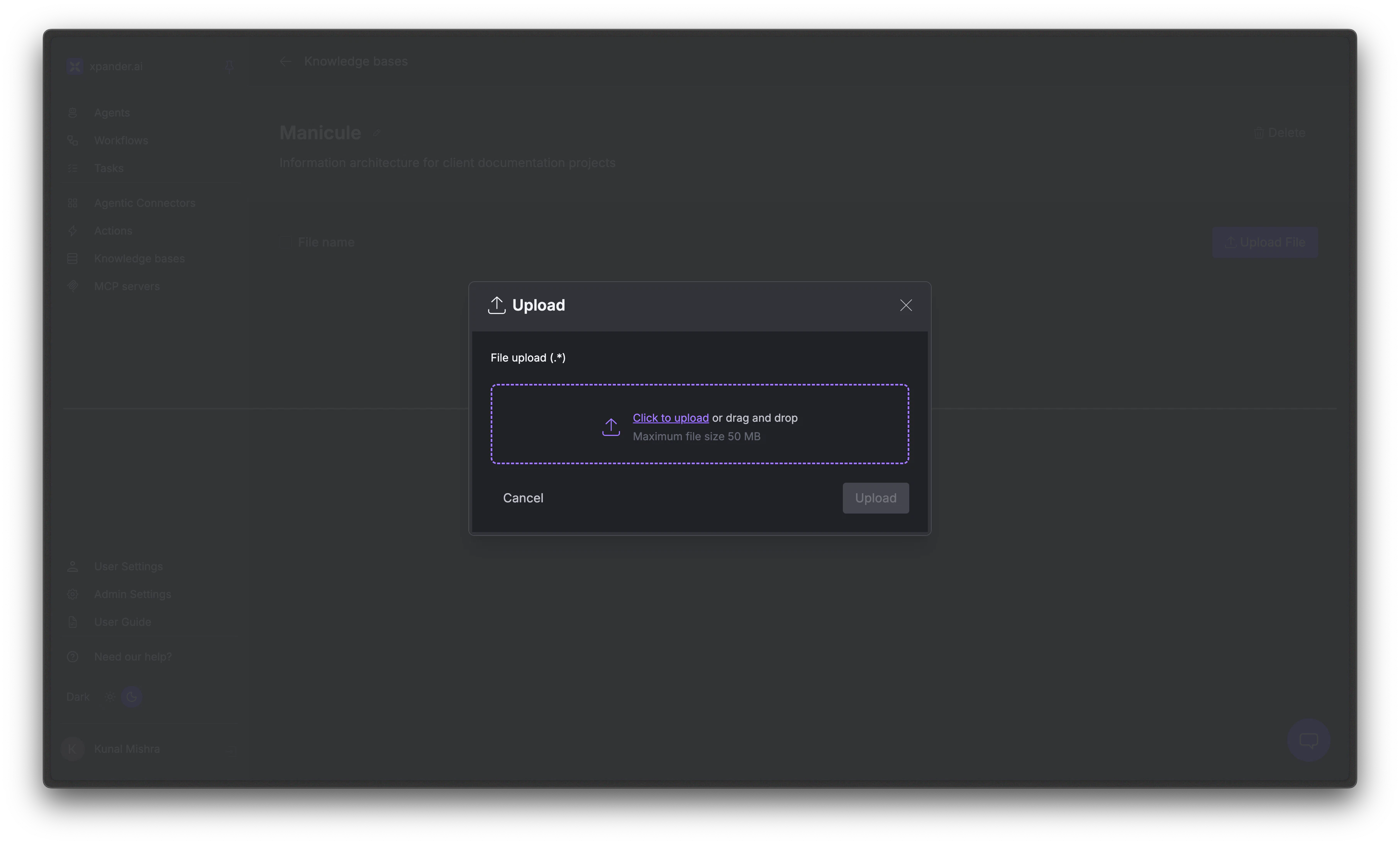 Upload dialog with drag and drop area