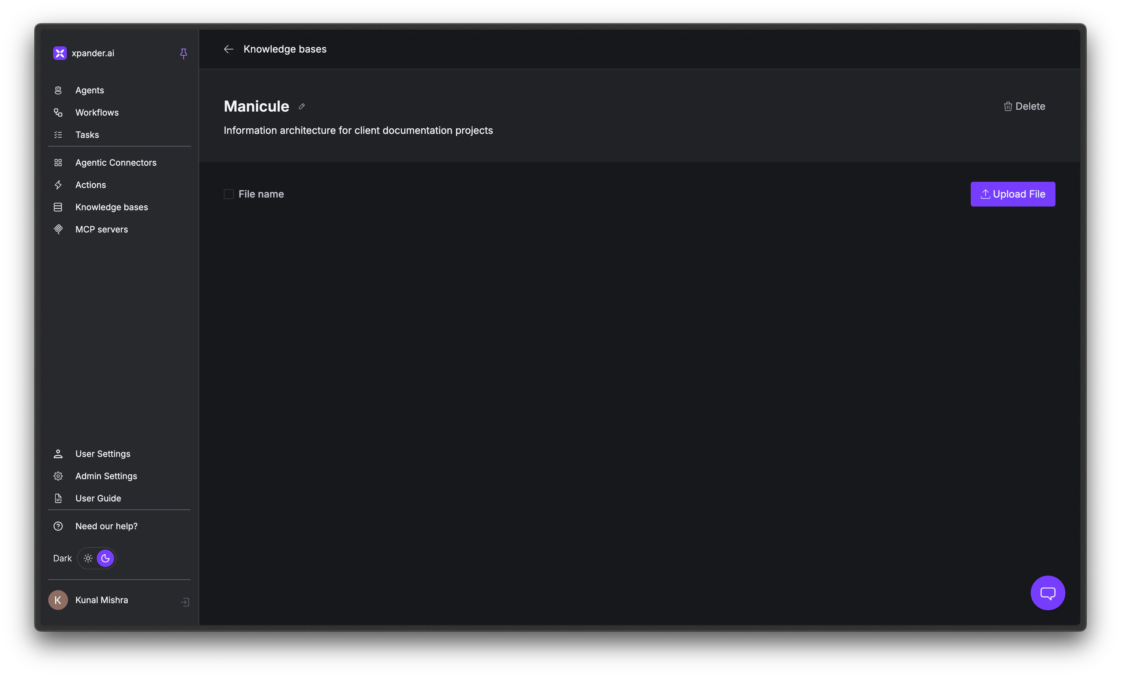 Knowledge Base detail page showing uploaded documents