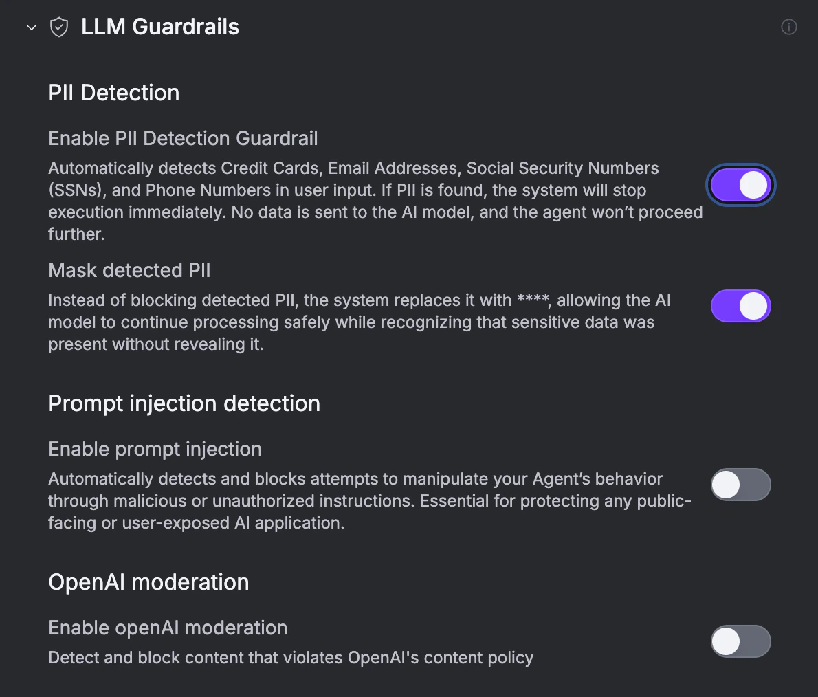 LLM Guardrails section with PII Detection, prompt injection detection, and OpenAI moderation toggles