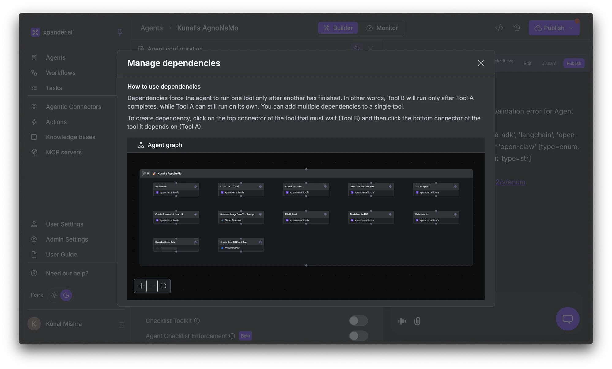Manage dependencies modal showing the agent graph with tool nodes
