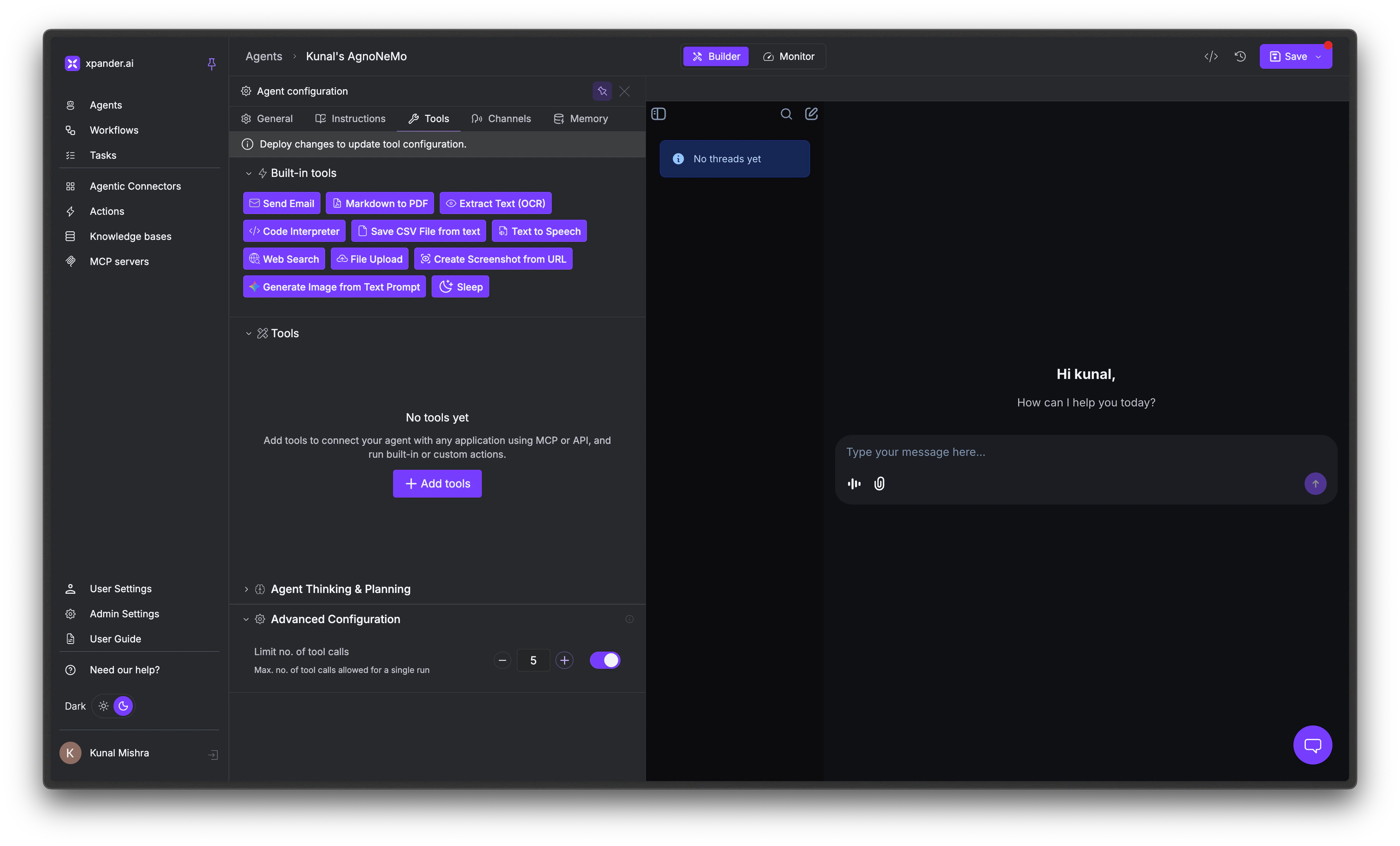 Advanced Configuration section with the Max tool calls per run limit field