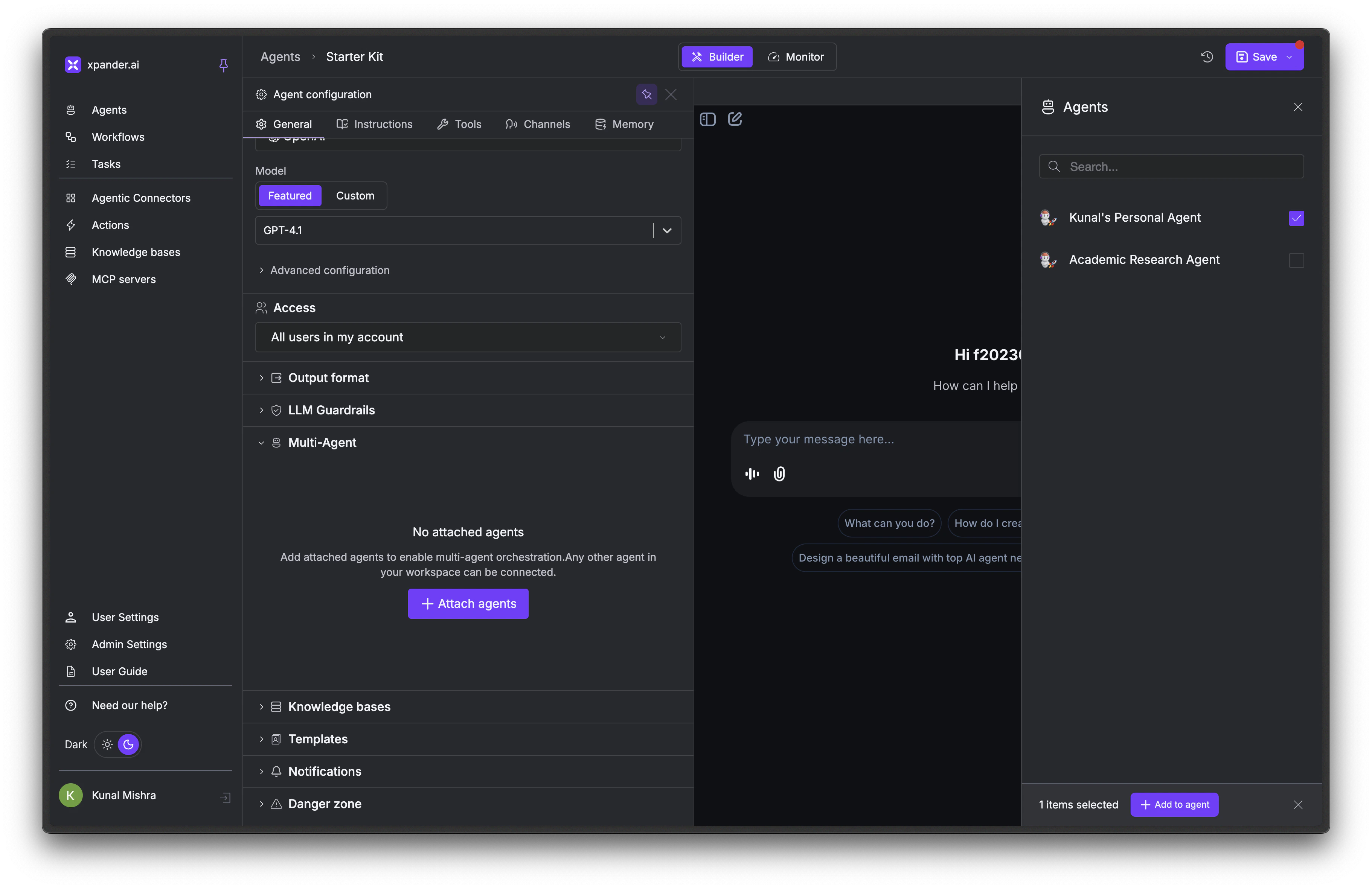 Multi-Agent section showing attached agents panel